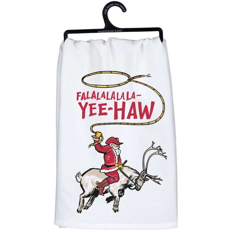 Festive Western Santa Reindeer Cotton Kitchen Towel with Hilarious Holiday Text