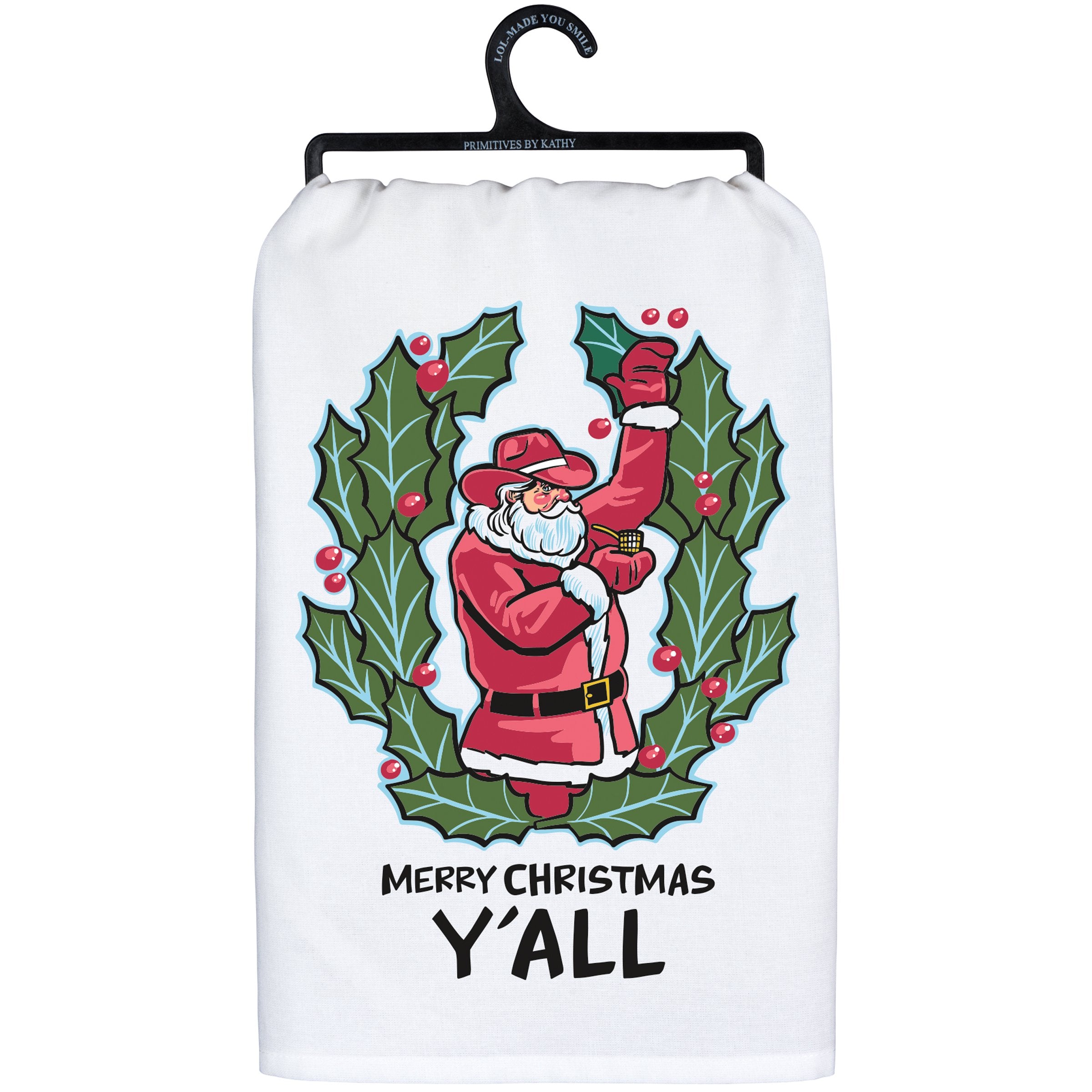 Festive Western Santa 'Merry Christmas Y'all' Cotton Kitchen Towel, Holiday Decor