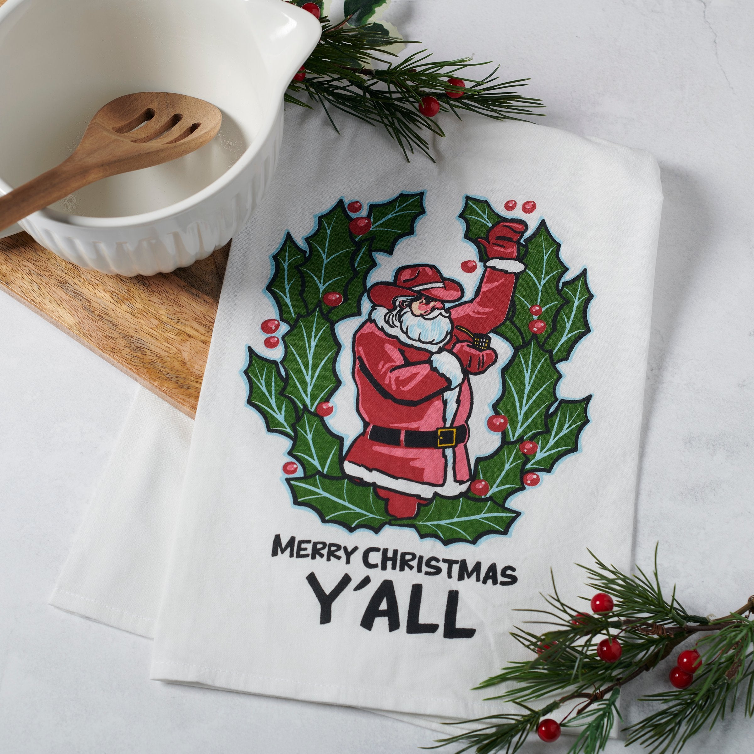 Festive Western Santa Christmas Kitchen Towel - Y'all Holiday Decor Cotton
