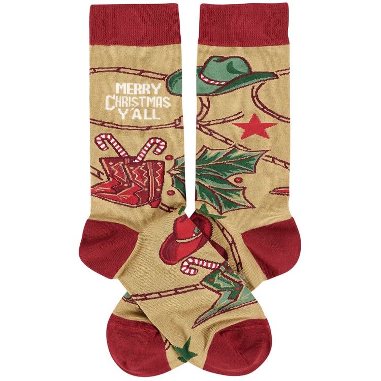Festive Western Holiday Christmas Socks - 'Merry Christmas Y'all' Design