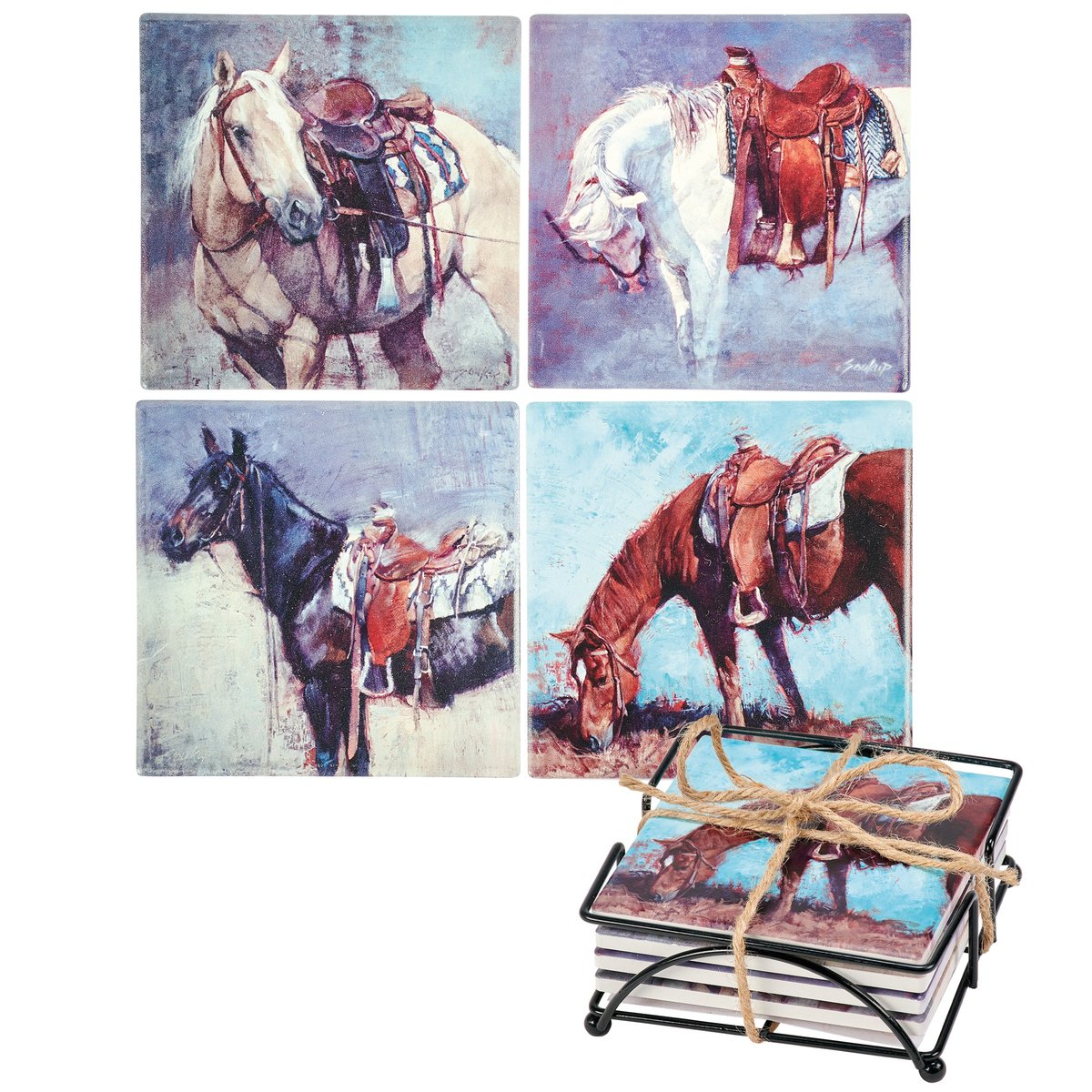 Rustic Western Horse Art Stoneware Coaster Set, Cork Base, Wire Holder