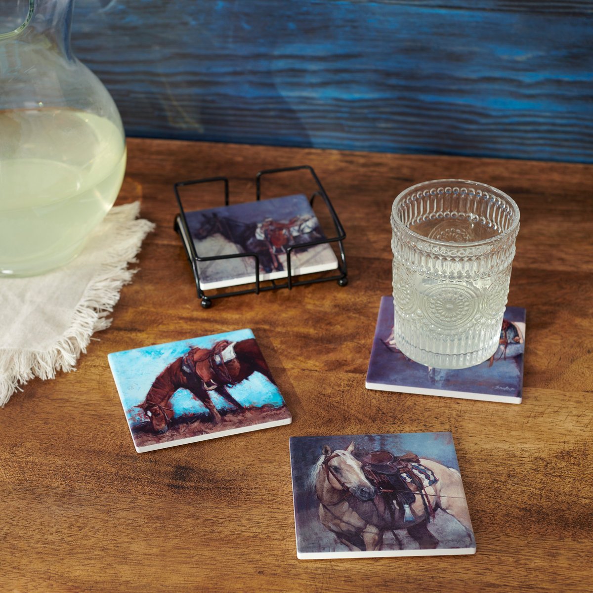 Rustic Western Horse Art Stoneware Coaster Set, Cork Base, Wire Holder