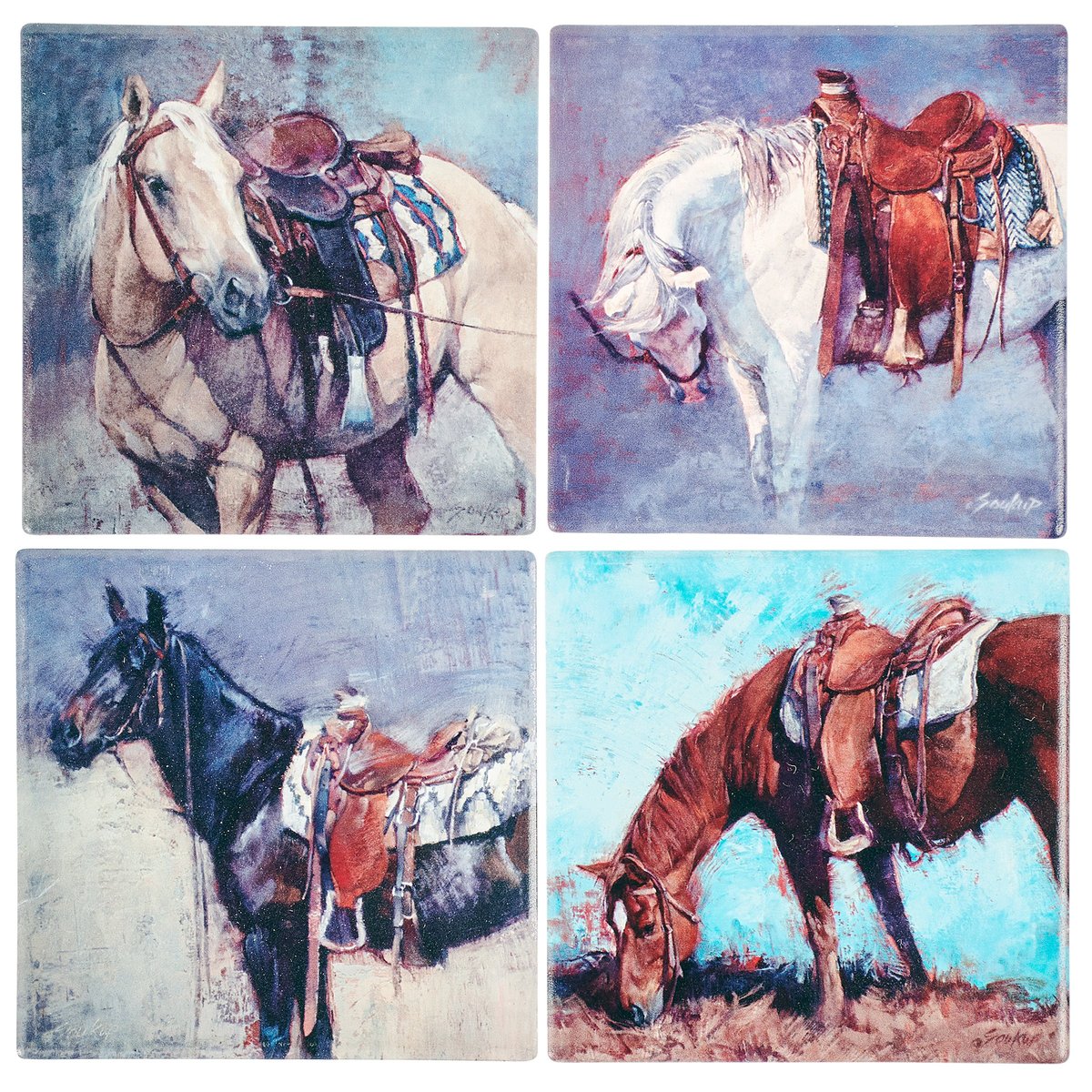 Rustic Western Horse Art Stoneware Coaster Set, Cork Base, Wire Holder