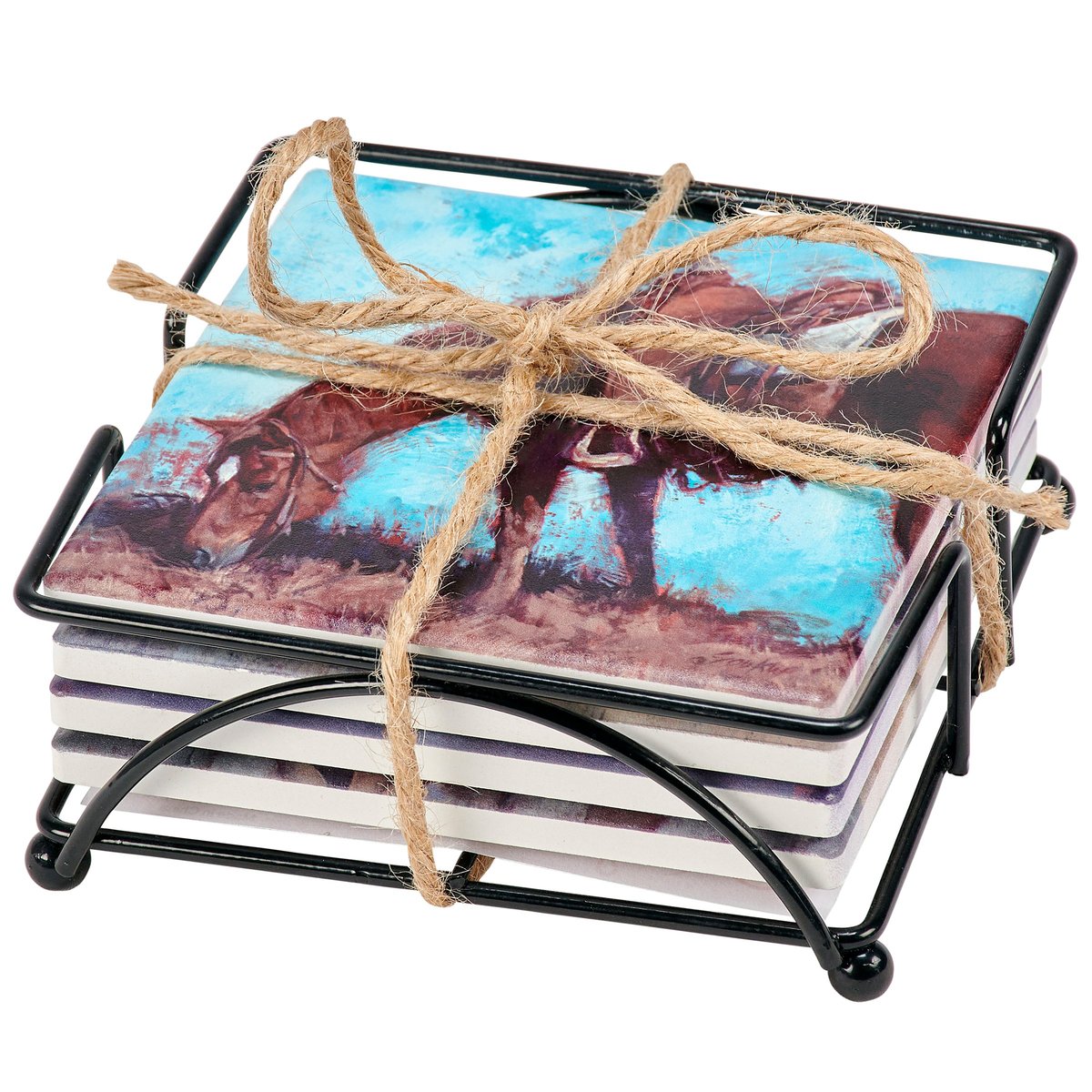 Rustic Western Horse Art Stoneware Coaster Set, Cork Base, Wire Holder