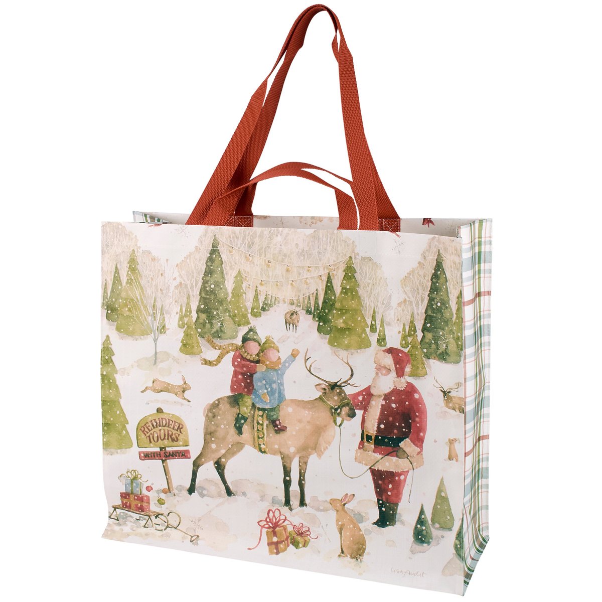 Festive Santa's Tree Farm Reusable Shopping Tote Bag with Reindeer Art