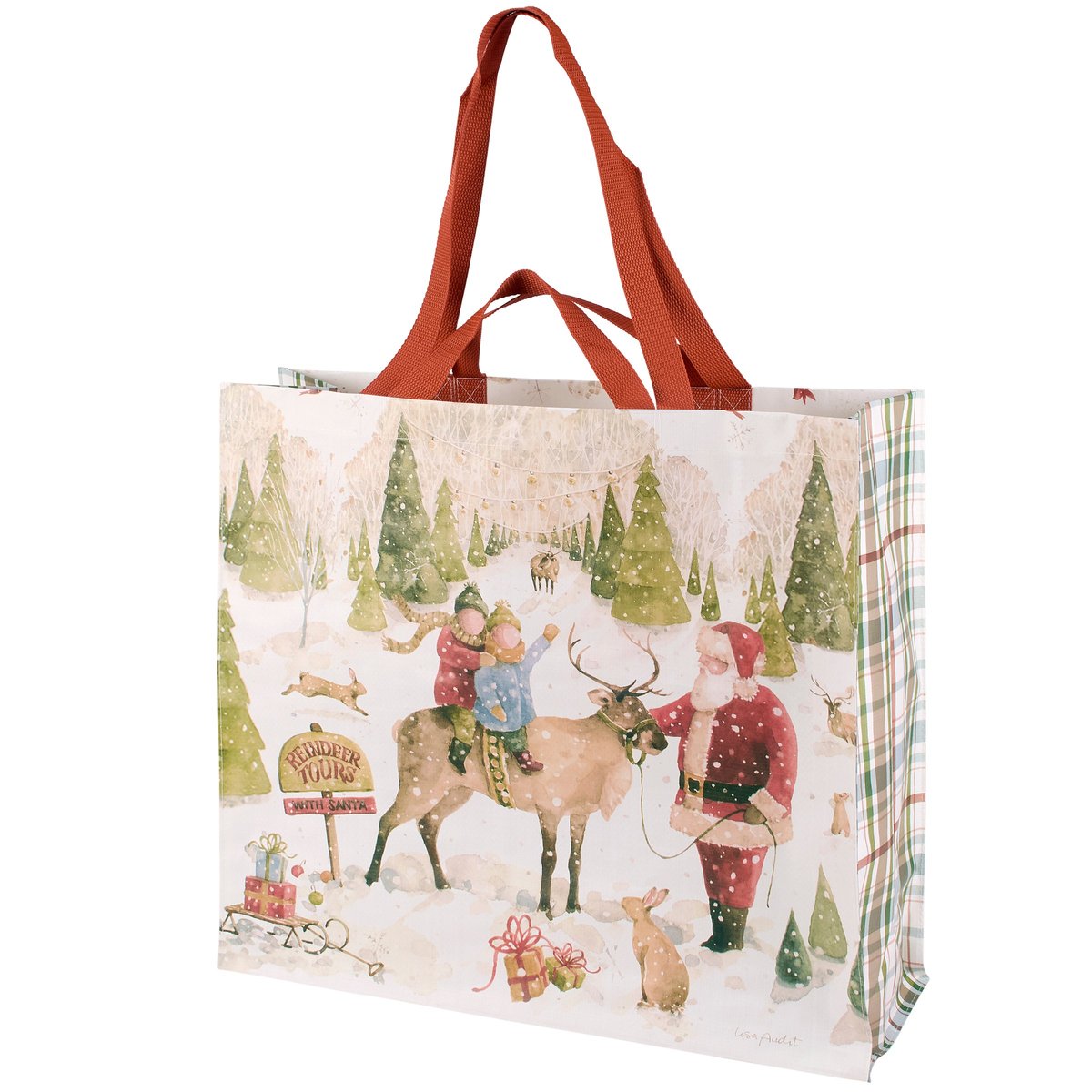Festive Santa's Tree Farm Reusable Shopping Tote Bag with Reindeer Art