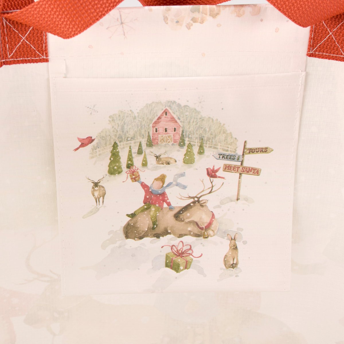 Festive Santa's Tree Farm Reusable Shopping Tote Bag with Reindeer Art