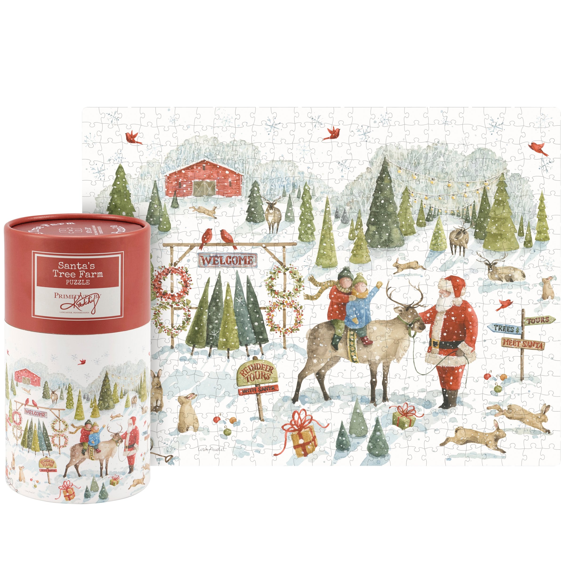 Charming Santa's Tree Farm 500 Piece Jigsaw Puzzle - Festive Watercolor Art