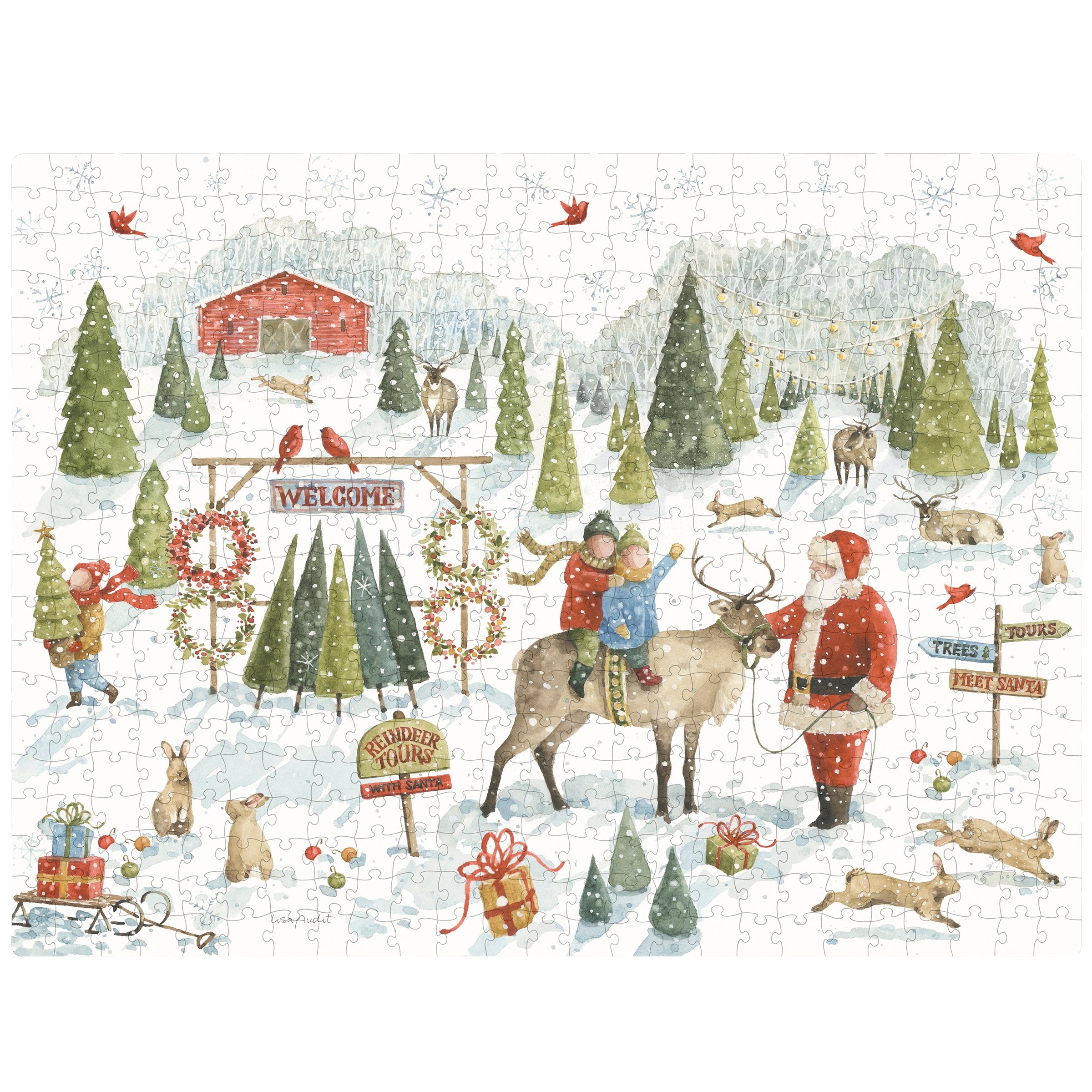 Charming Santa's Tree Farm 500 Piece Jigsaw Puzzle - Festive Watercolor Art