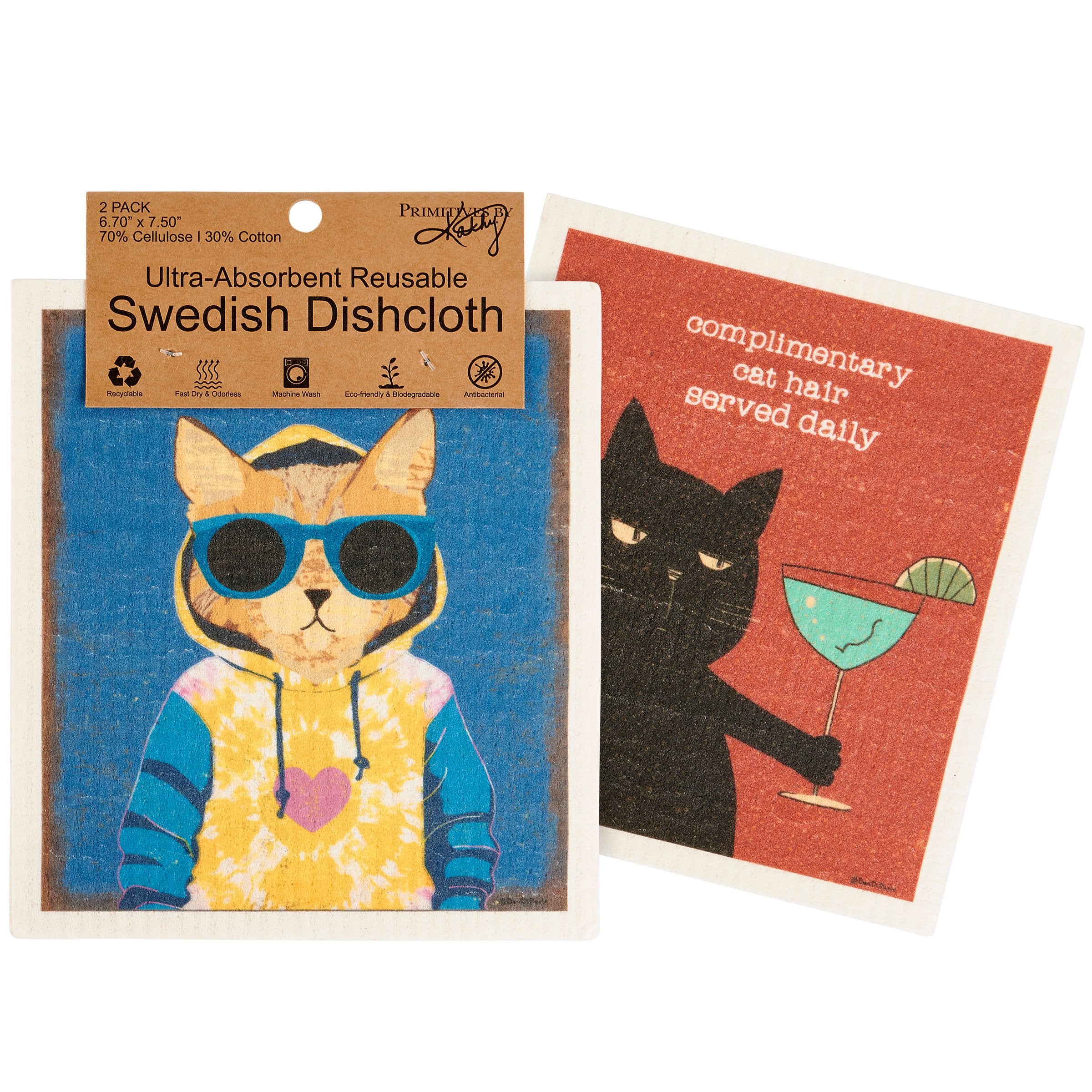 Humorous Cat Design Eco-Friendly Reusable Cellulose Cotton Swedish Dishcloths - Set of 2