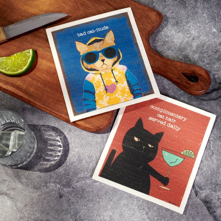 Humorous Cat Design Eco-Friendly Reusable Cellulose Cotton Swedish Dishcloths - Set of 2