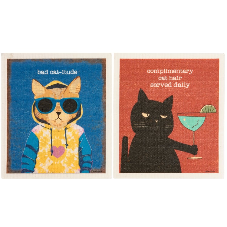 Humorous Cat Design Eco-Friendly Reusable Cellulose Cotton Swedish Dishcloths - Set of 2
