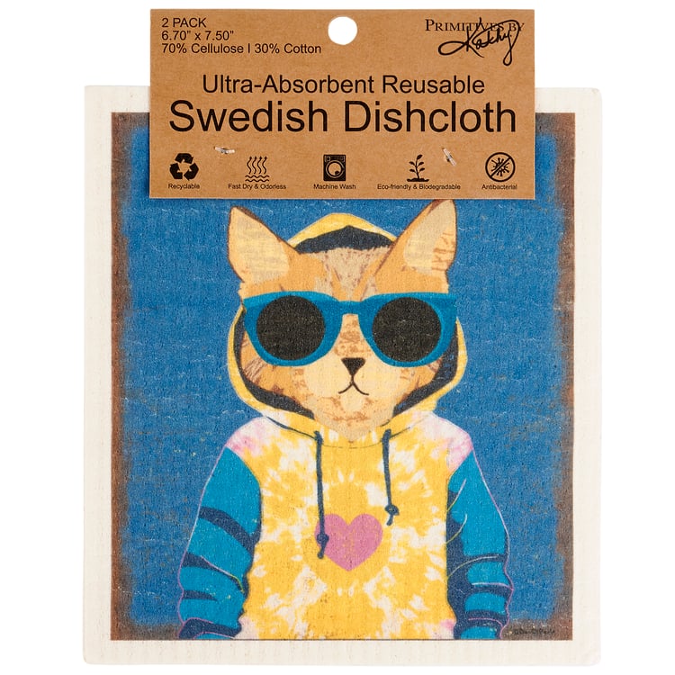 Humorous Cat Design Eco-Friendly Reusable Cellulose Cotton Swedish Dishcloths - Set of 2