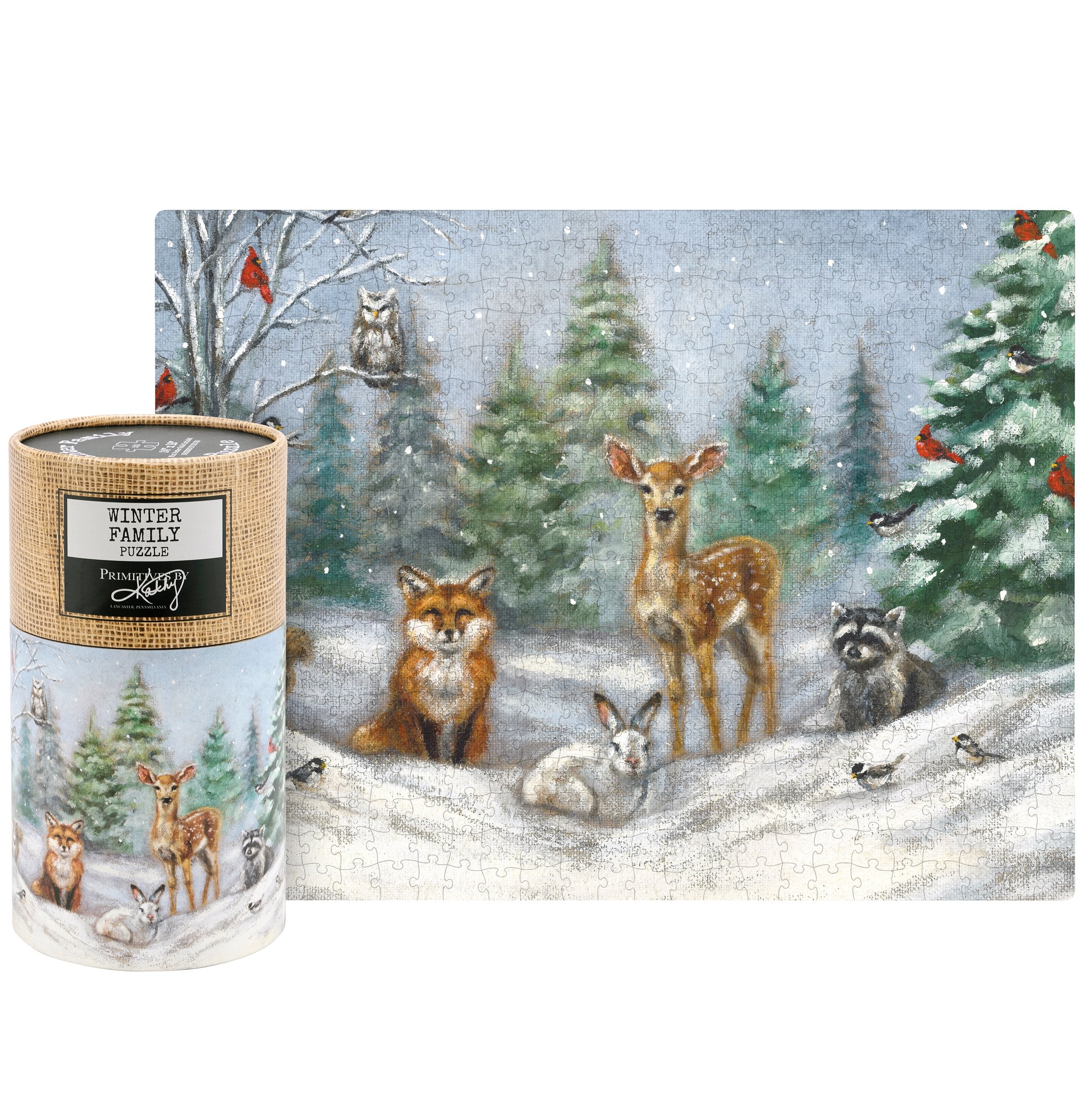 Charming Winter Family Woodland Animals 500-Piece Jigsaw Puzzle with Burlap Art