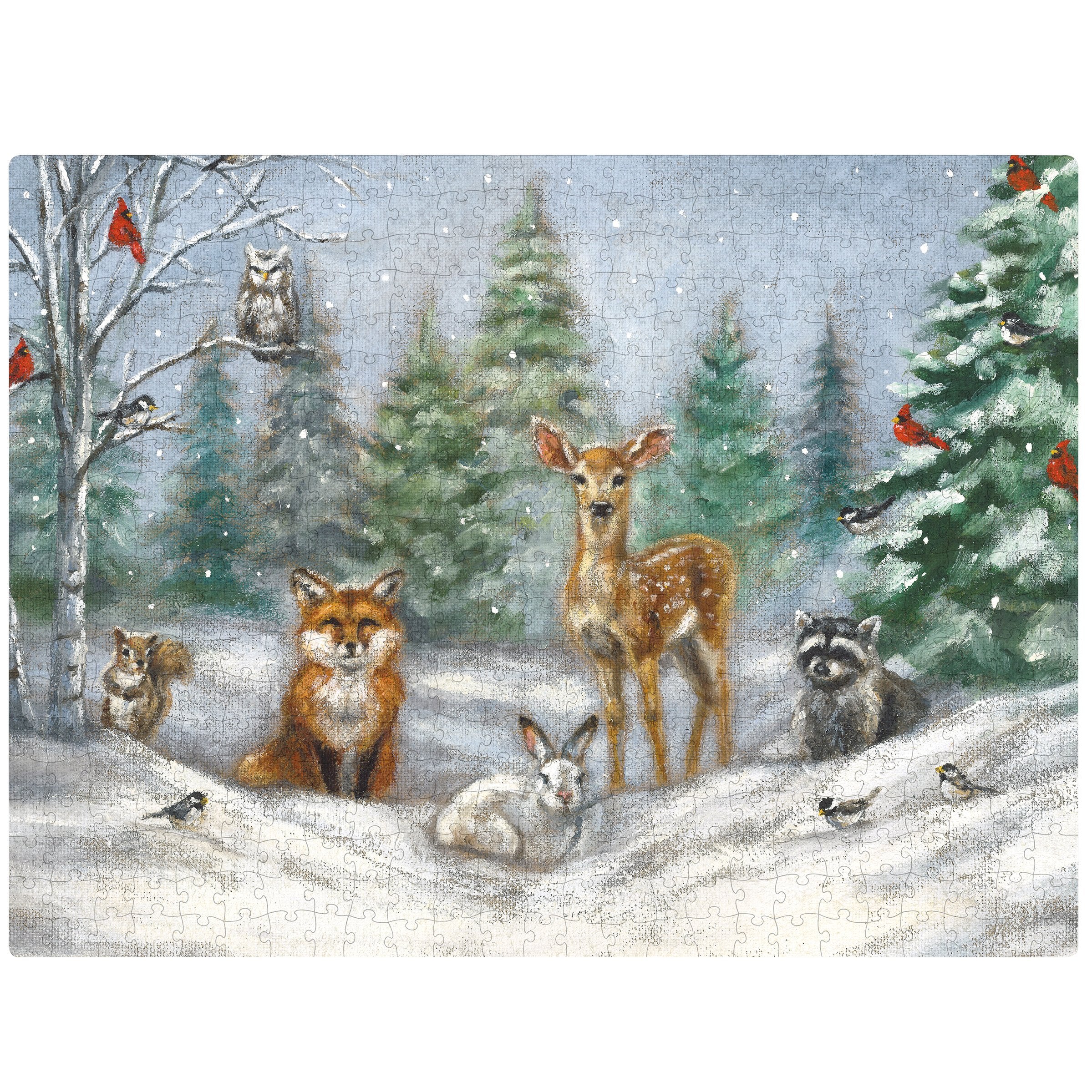 Charming Winter Family Woodland Animals 500-Piece Jigsaw Puzzle with Burlap Art