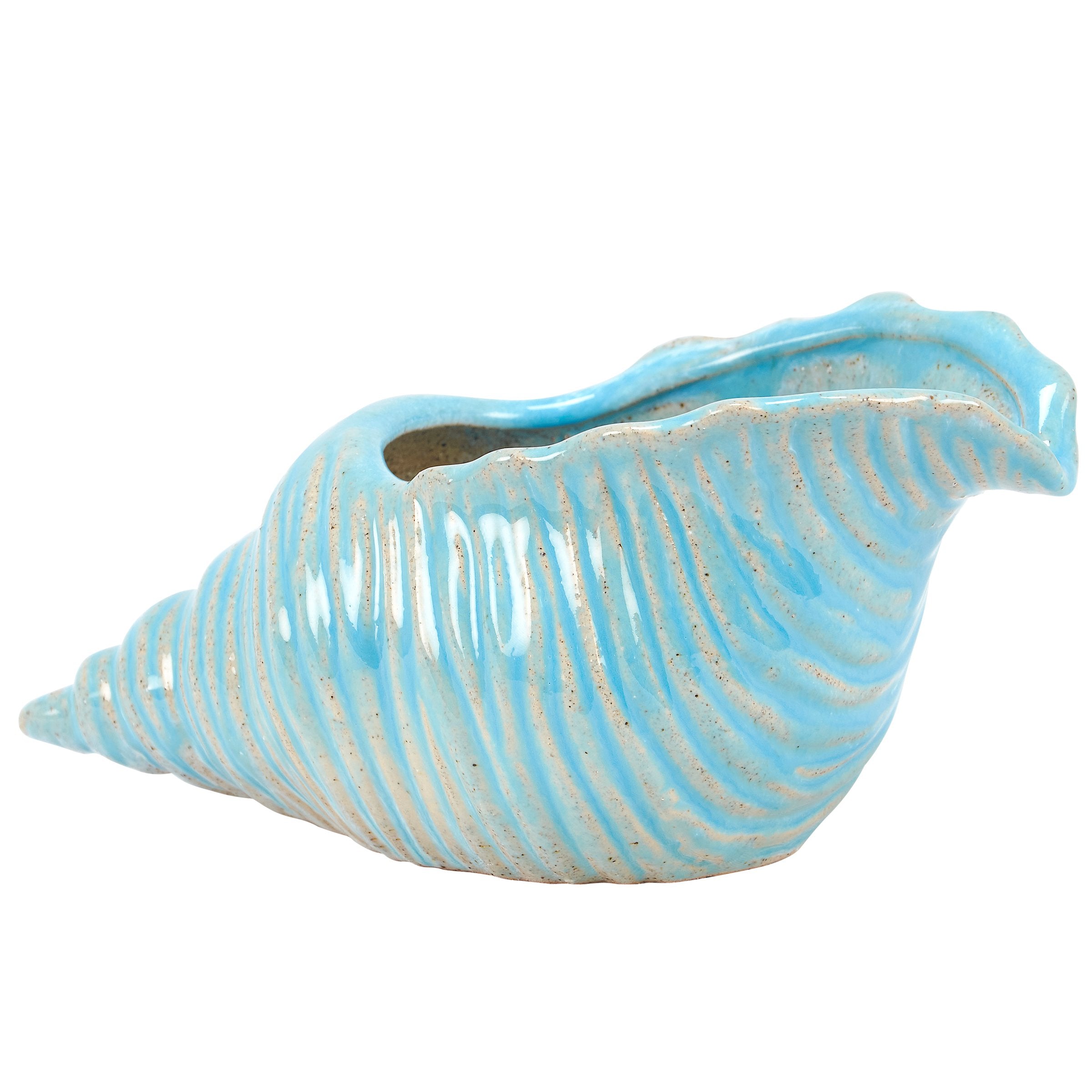 Ceramic Beach Blue Conch Shell Planter for Succulents and Coastal Home Decor