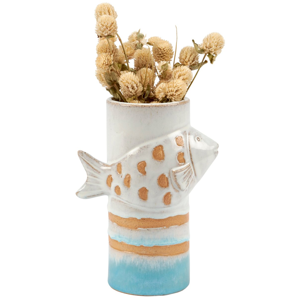 Coastal Ceramic Fish Vase - Sculpted Beach Blue & Cream Rustic Home Accent