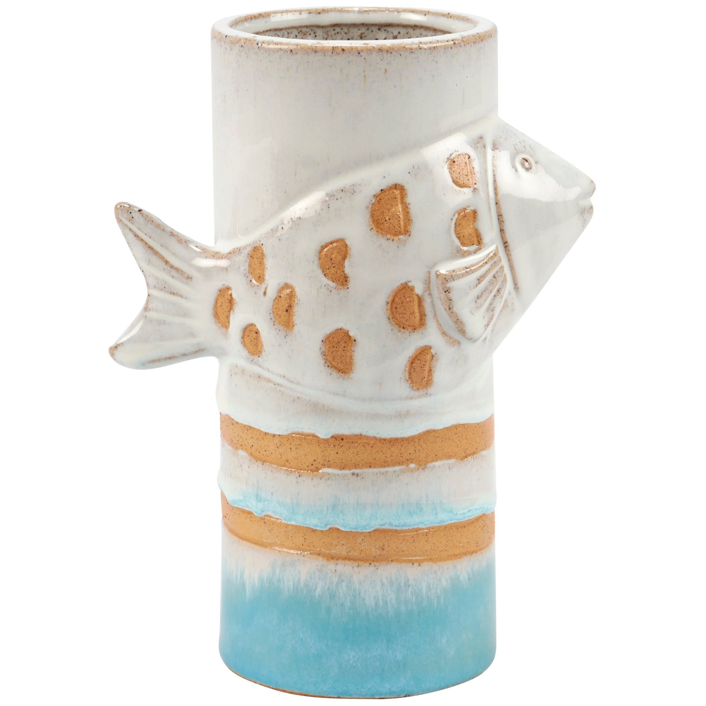 Coastal Ceramic Fish Vase - Sculpted Beach Blue & Cream Rustic Home Accent