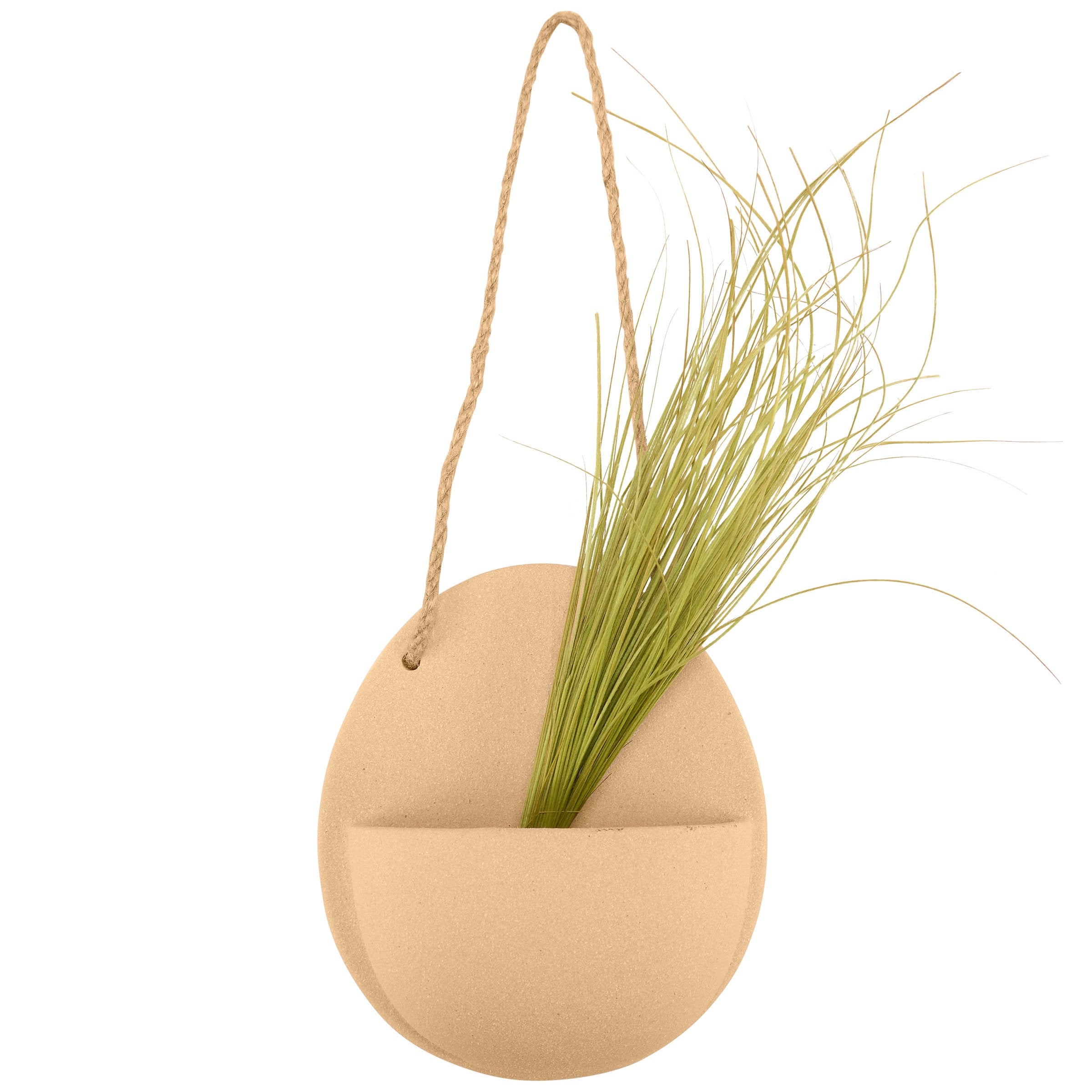 Rustic Beach Sand Ceramic Wall Pocket Planter with Jute Hanger Decor