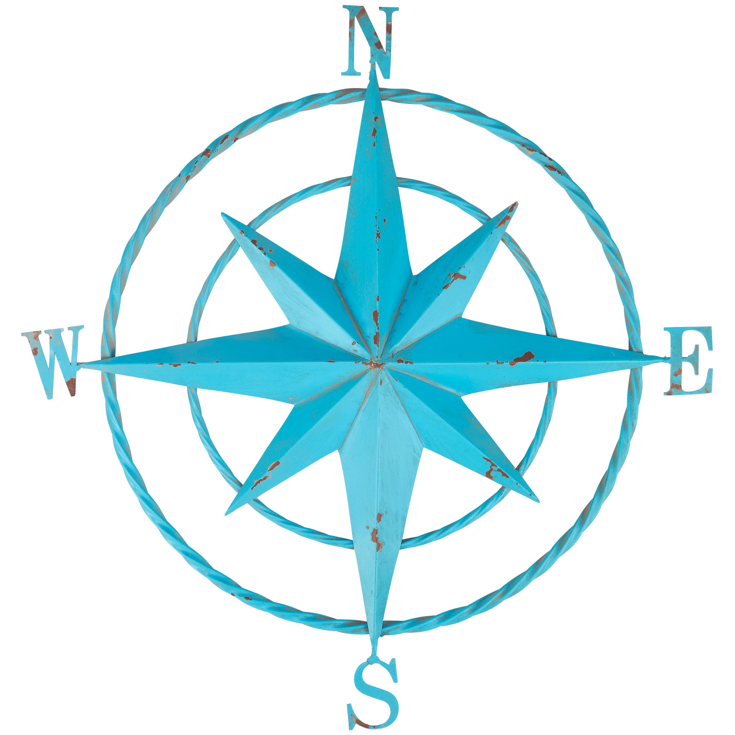 Coastal Compass Rose Metal Wall Decor - Rustic Beach Blue Finish, Aged Accents