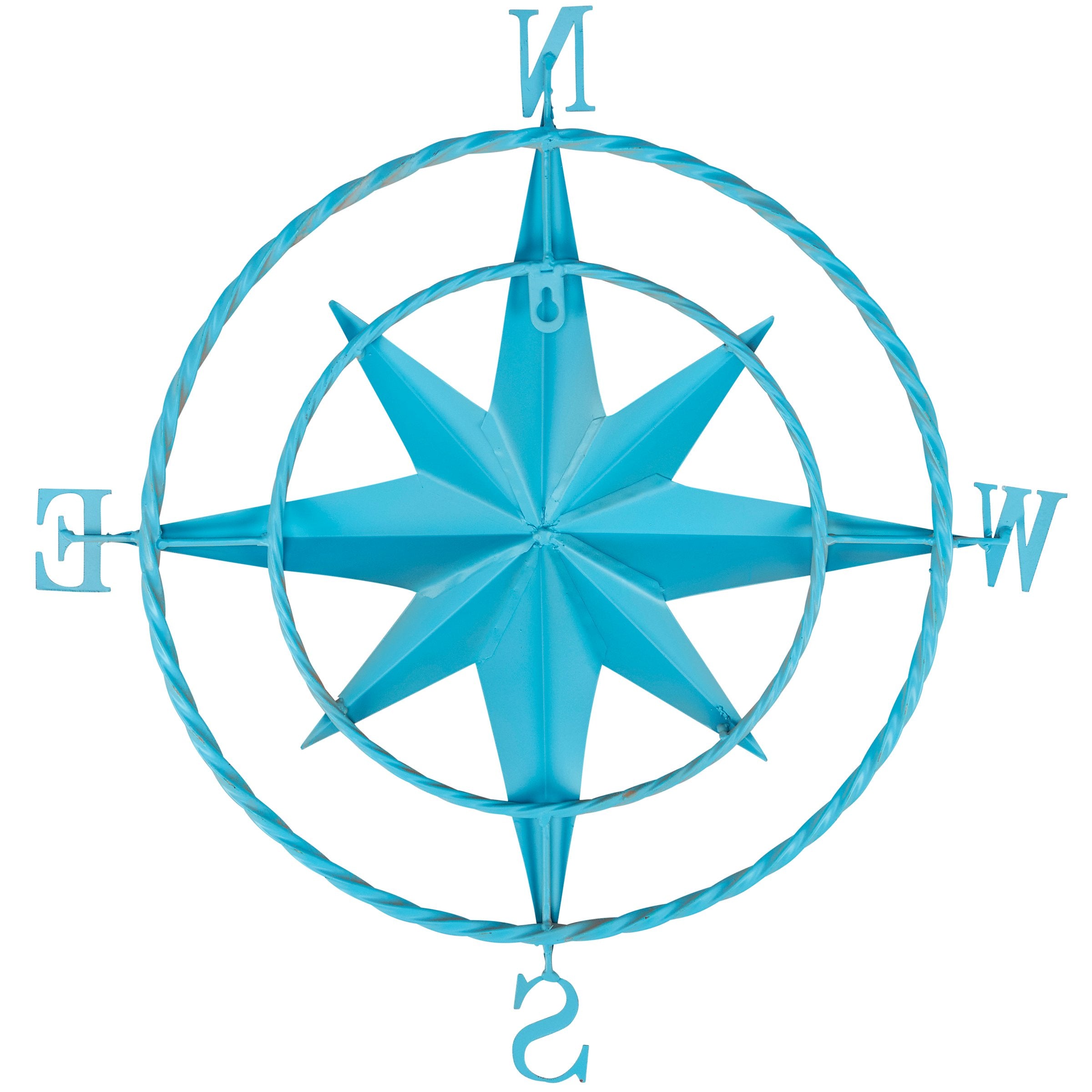 Coastal Compass Rose Metal Wall Decor - Rustic Beach Blue Finish, Aged Accents