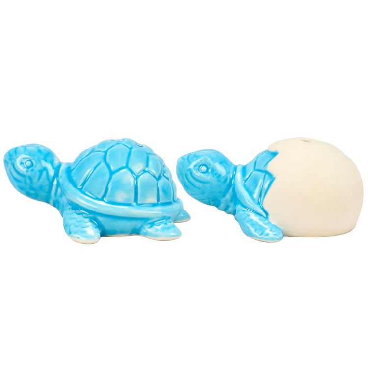 Adorable Turtle Hatchlings Ceramic Salt and Pepper Shakers Set with Ocean Blue Glaze