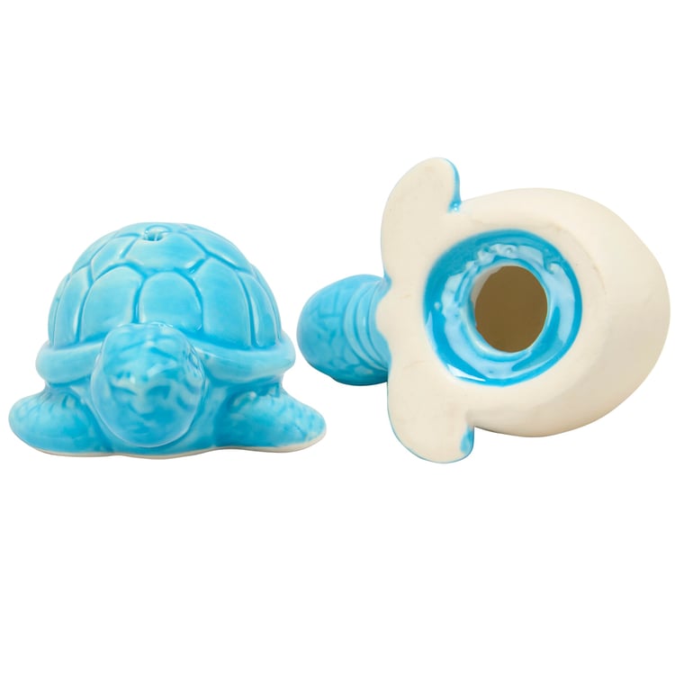 Adorable Turtle Hatchlings Ceramic Salt and Pepper Shakers Set with Ocean Blue Glaze