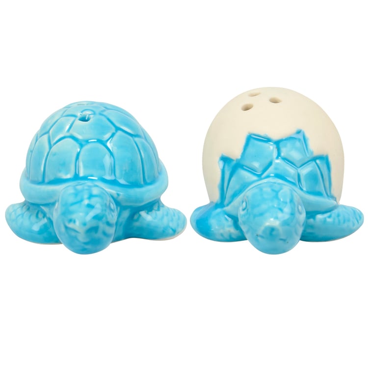 Adorable Turtle Hatchlings Ceramic Salt and Pepper Shakers Set with Ocean Blue Glaze