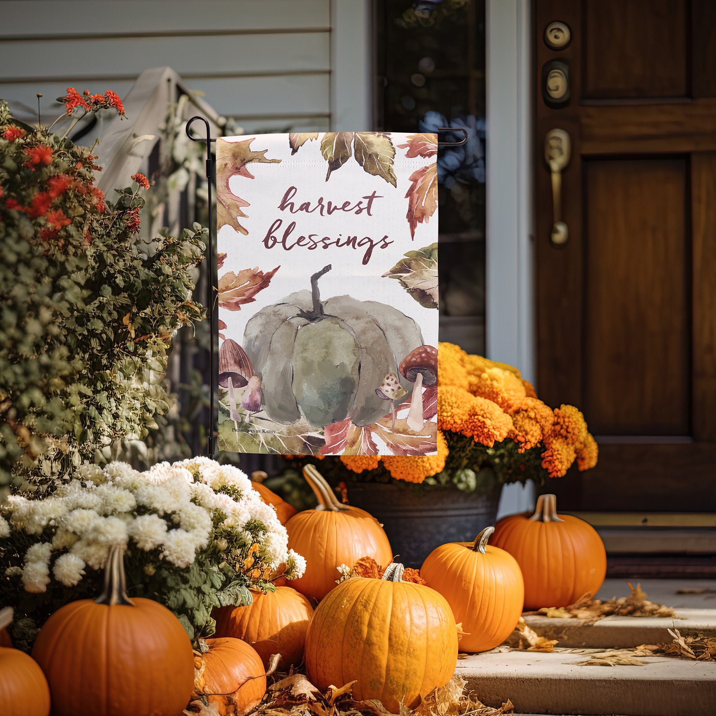 Double-Sided Watercolor Fall Pumpkin Harvest Blessings Garden Flag Outdoor Decor