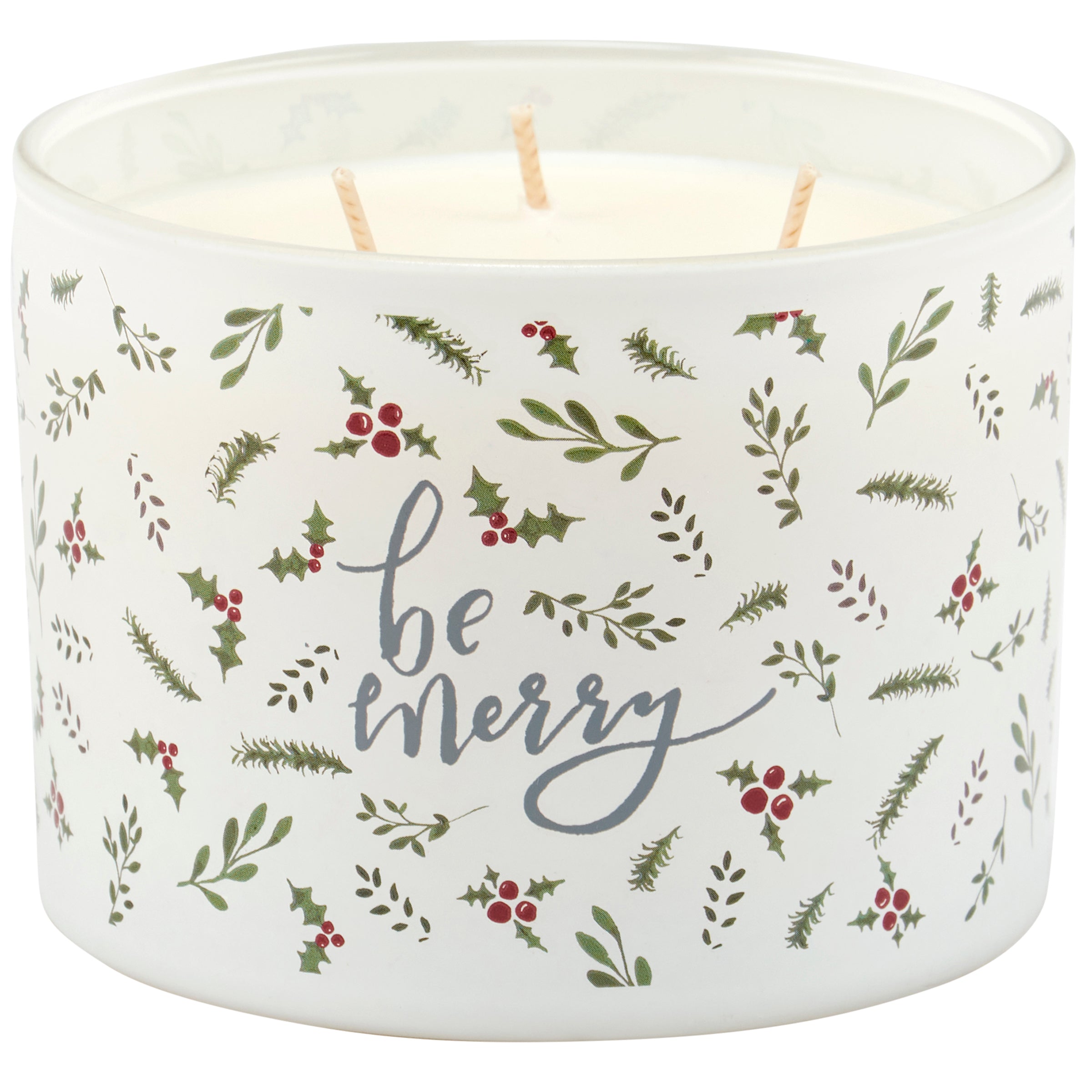 Be Merry Frosted Glass Evergreen Soy Wax Candle with 3 Wicks