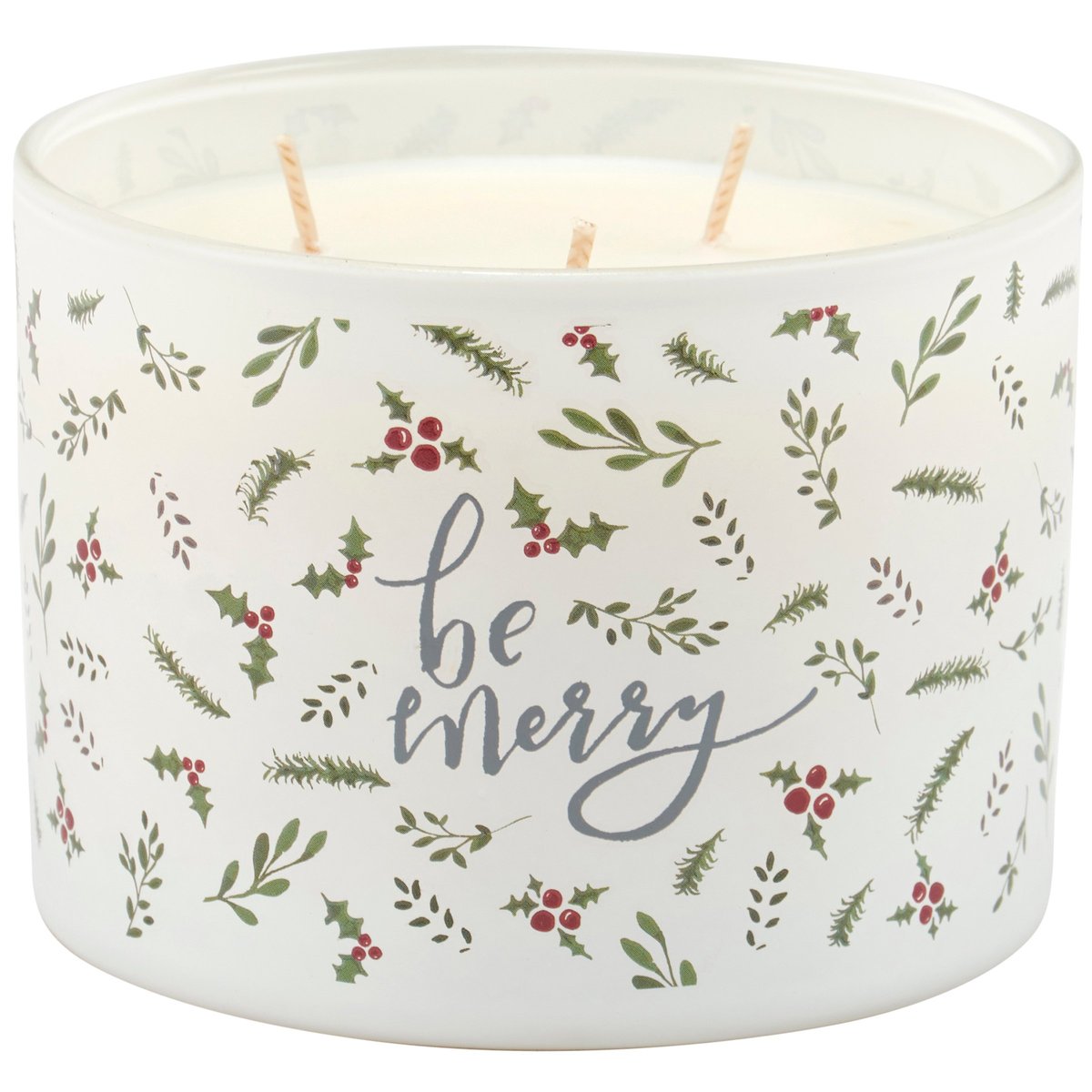 Be Merry Frosted Glass Evergreen Soy Wax Candle with 3 Wicks