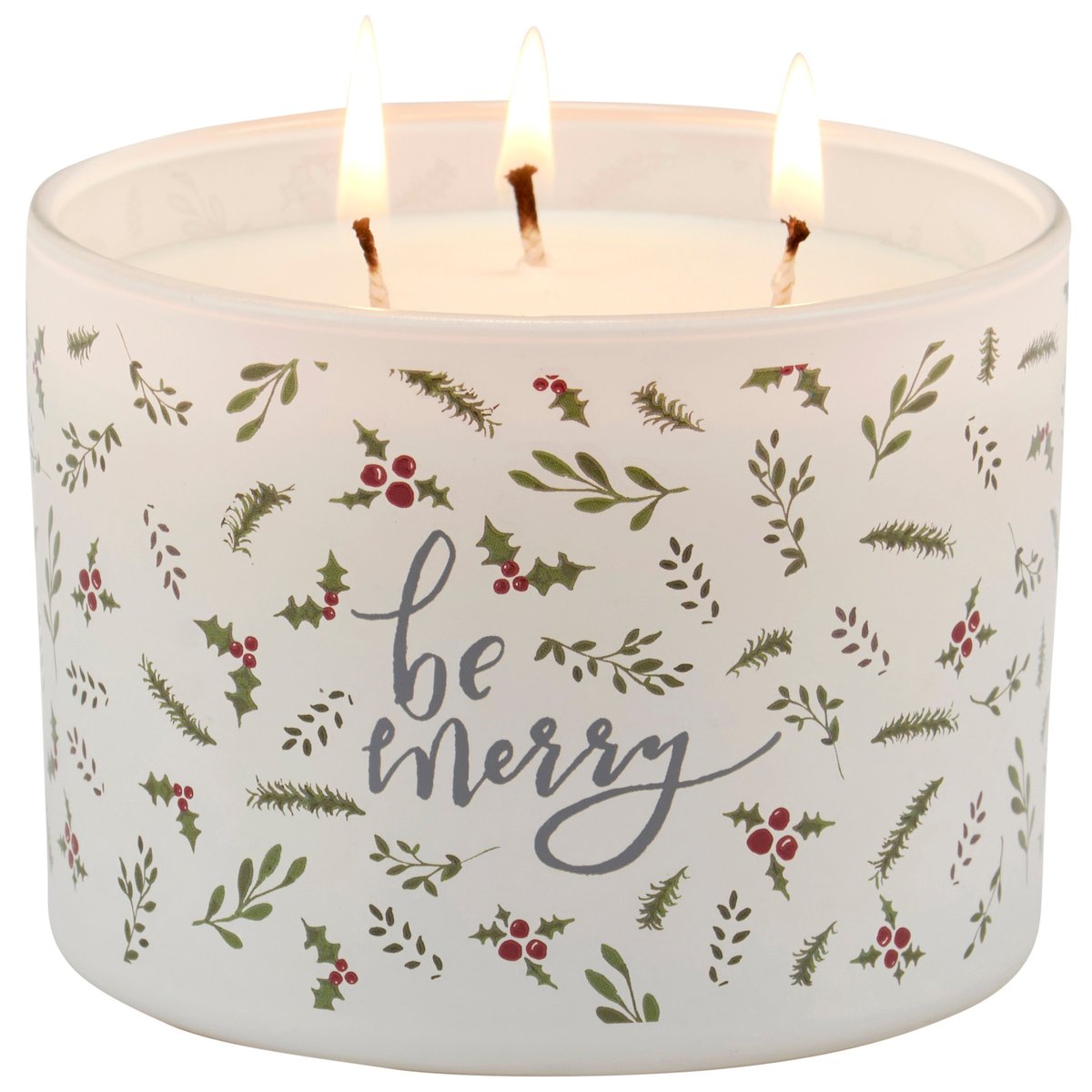Be Merry Frosted Glass Evergreen Soy Wax Candle with 3 Wicks