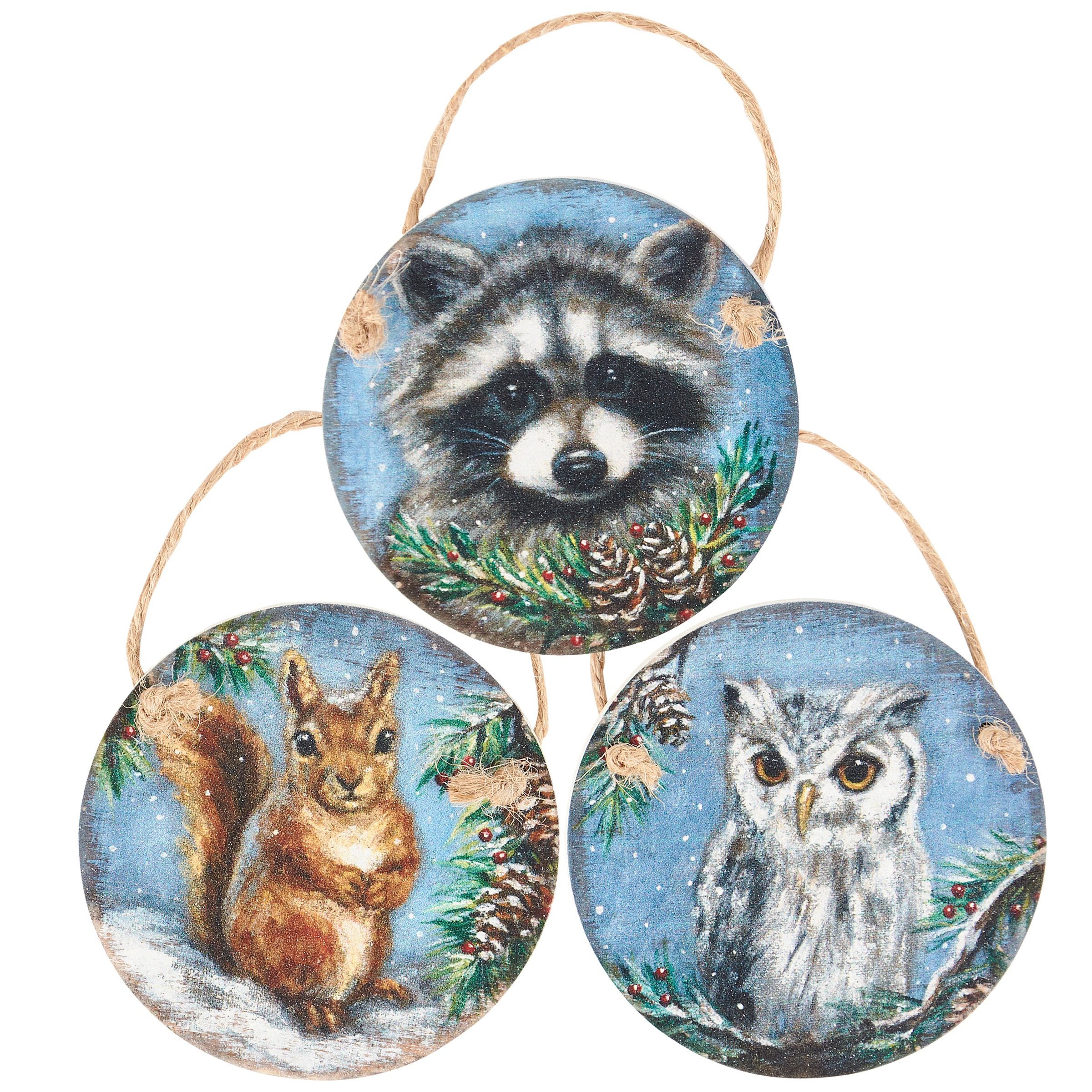 Charming Snowy Woodland Animal Wooden Ornaments Set of 3 Christmas Decor