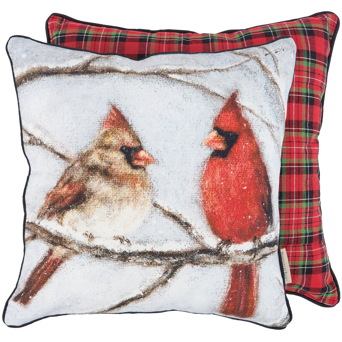 Charming Winter Cardinal Couple Pillow with Plaid Backing and Zippered Cover