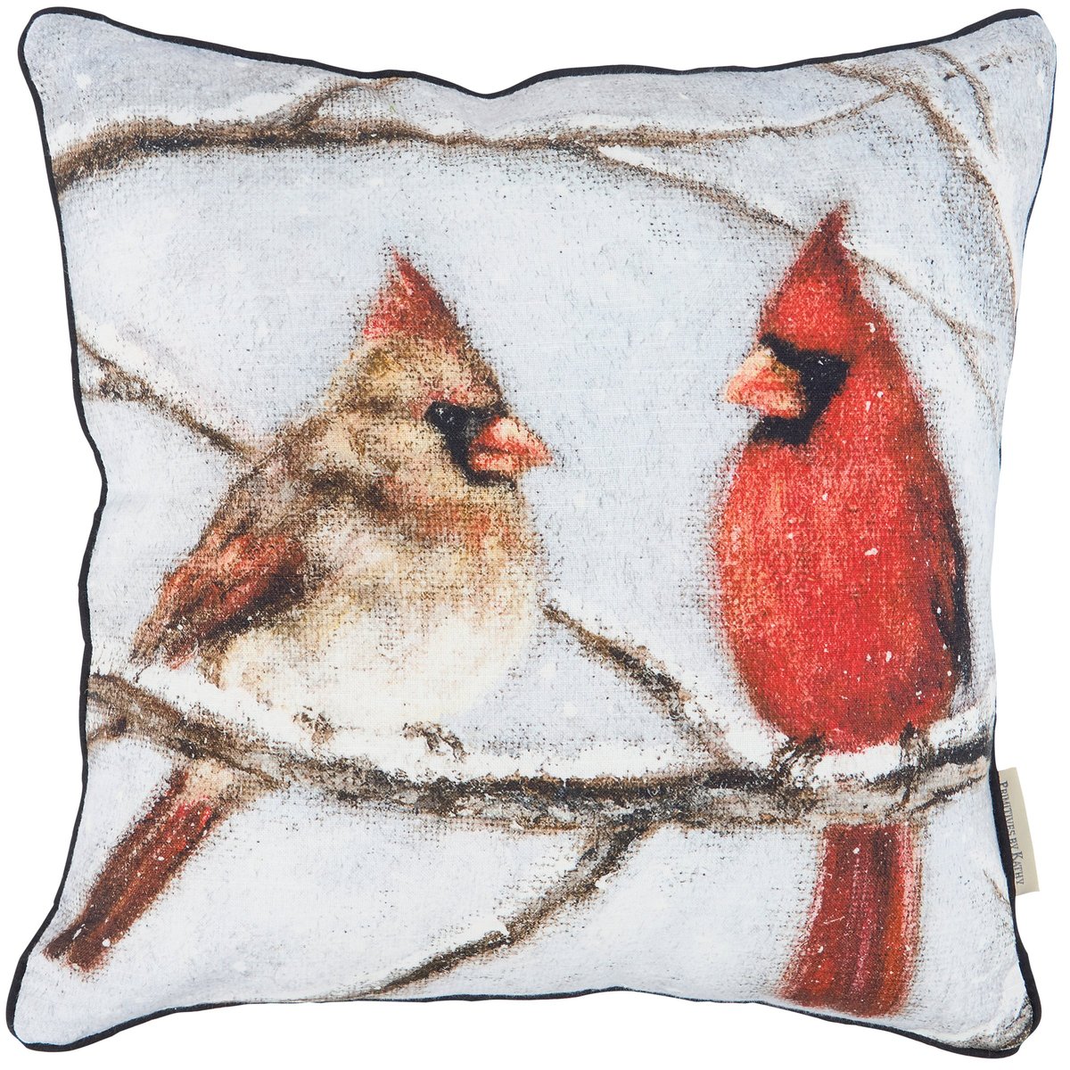 Charming Winter Cardinal Couple Pillow with Plaid Backing and Zippered Cover