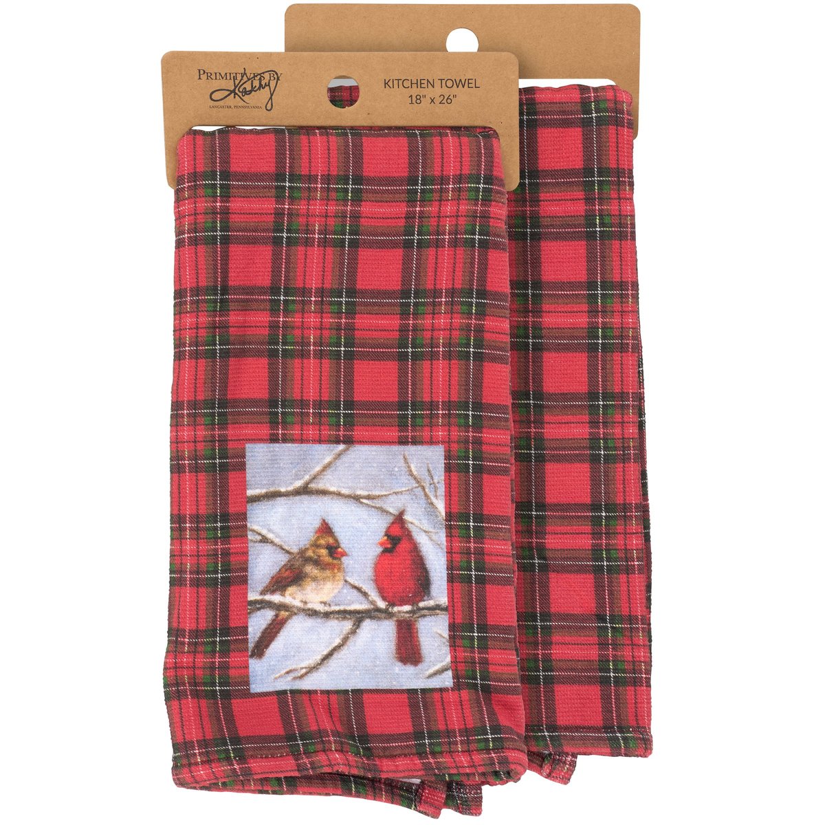 Rustic Christmas Cardinal Couple Plaid Kitchen Towel with Terrycloth Back