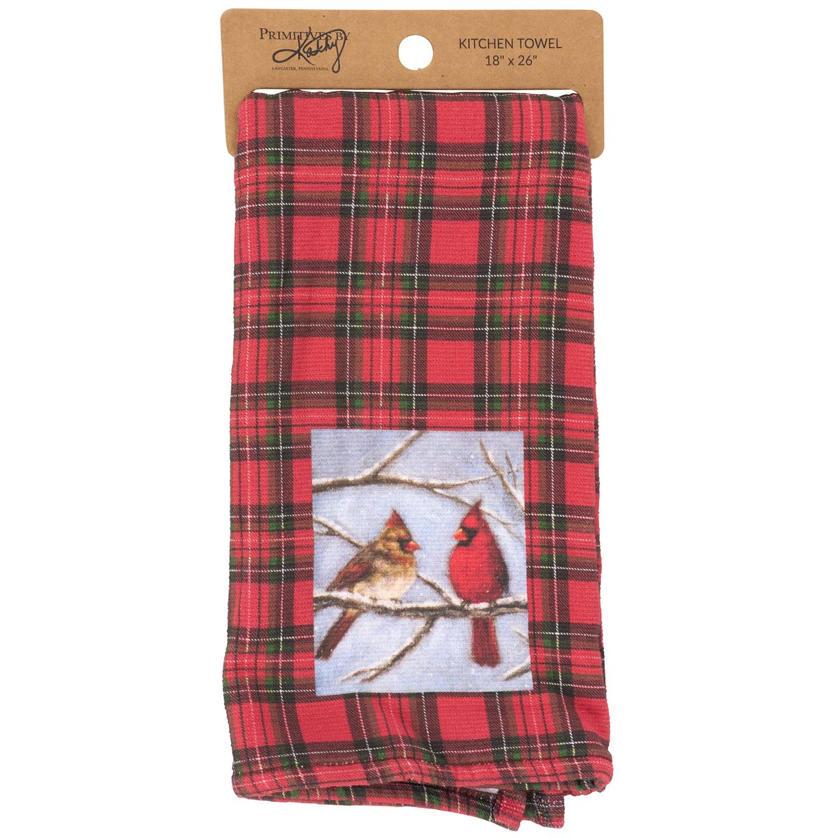 Rustic Christmas Cardinal Couple Plaid Kitchen Towel with Terrycloth Back