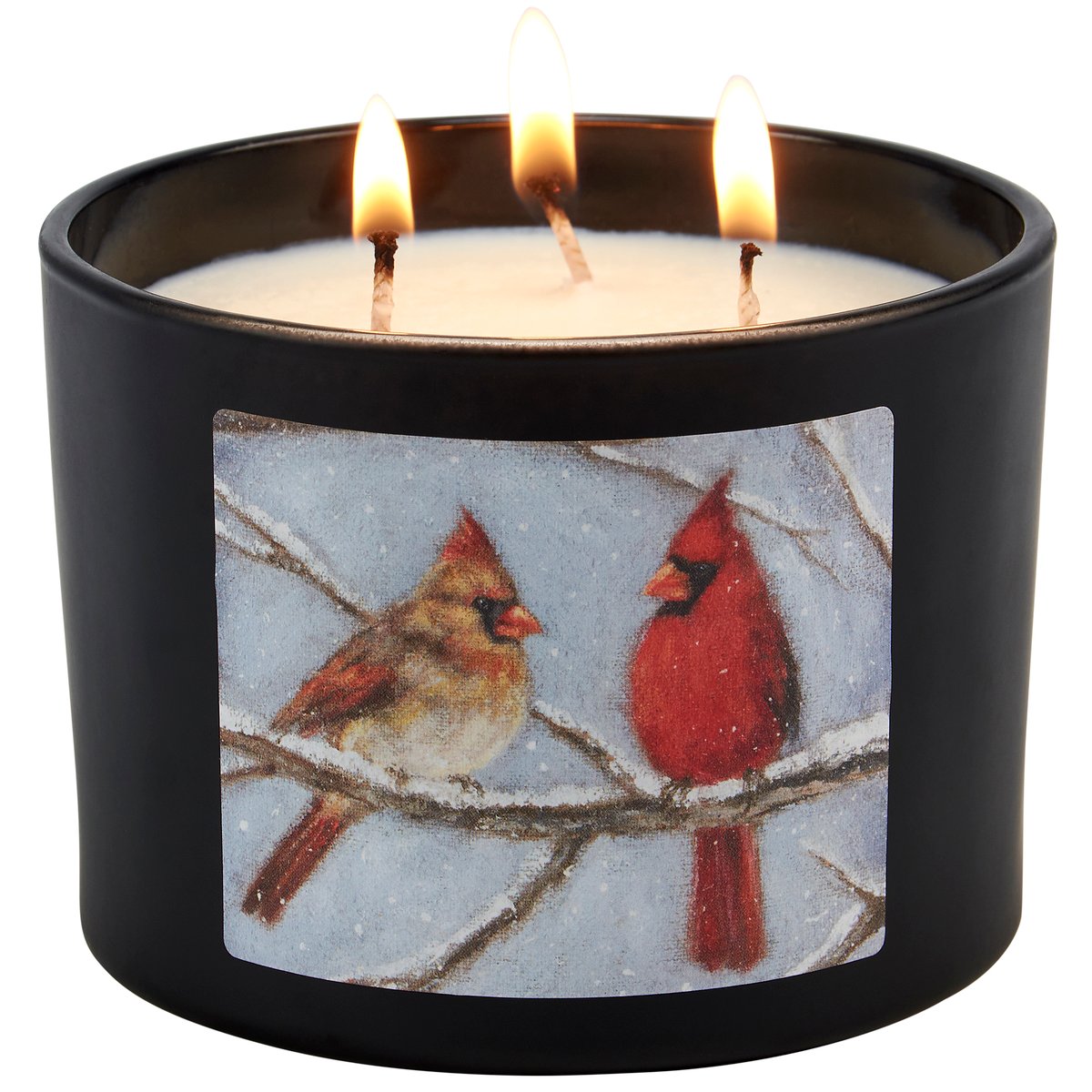 Charming Cardinal Couple Christmas Candle: Spruce Scented Soy Wax, 3 Wicks, Burlap Art