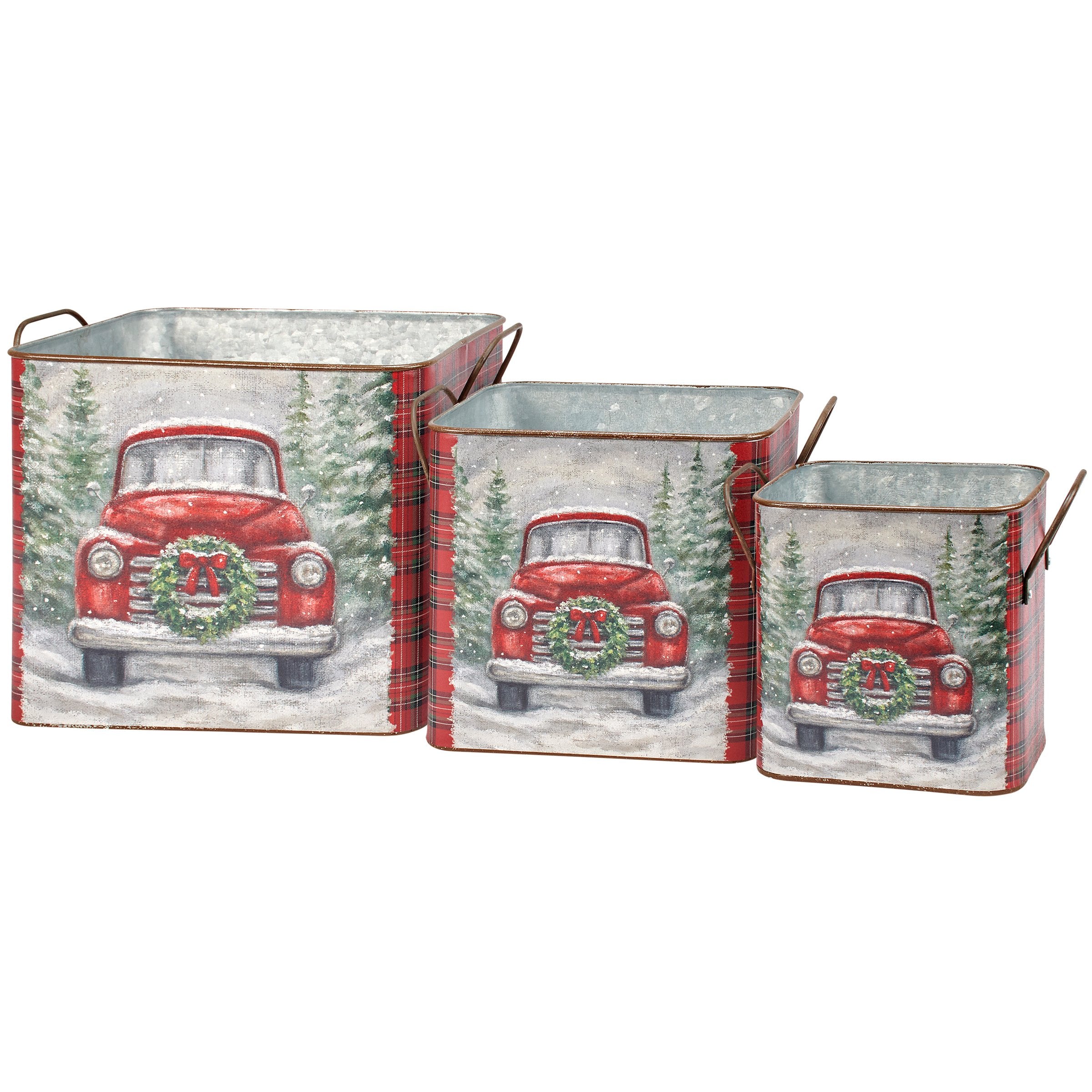 Charming Rustic Red Truck Christmas Galvanized Metal Nesting Bin Set (Set of 3)