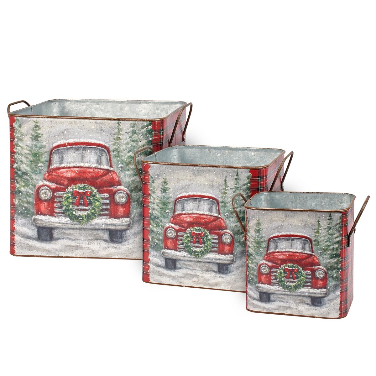 Charming Rustic Red Truck Christmas Galvanized Metal Nesting Bin Set (Set of 3)