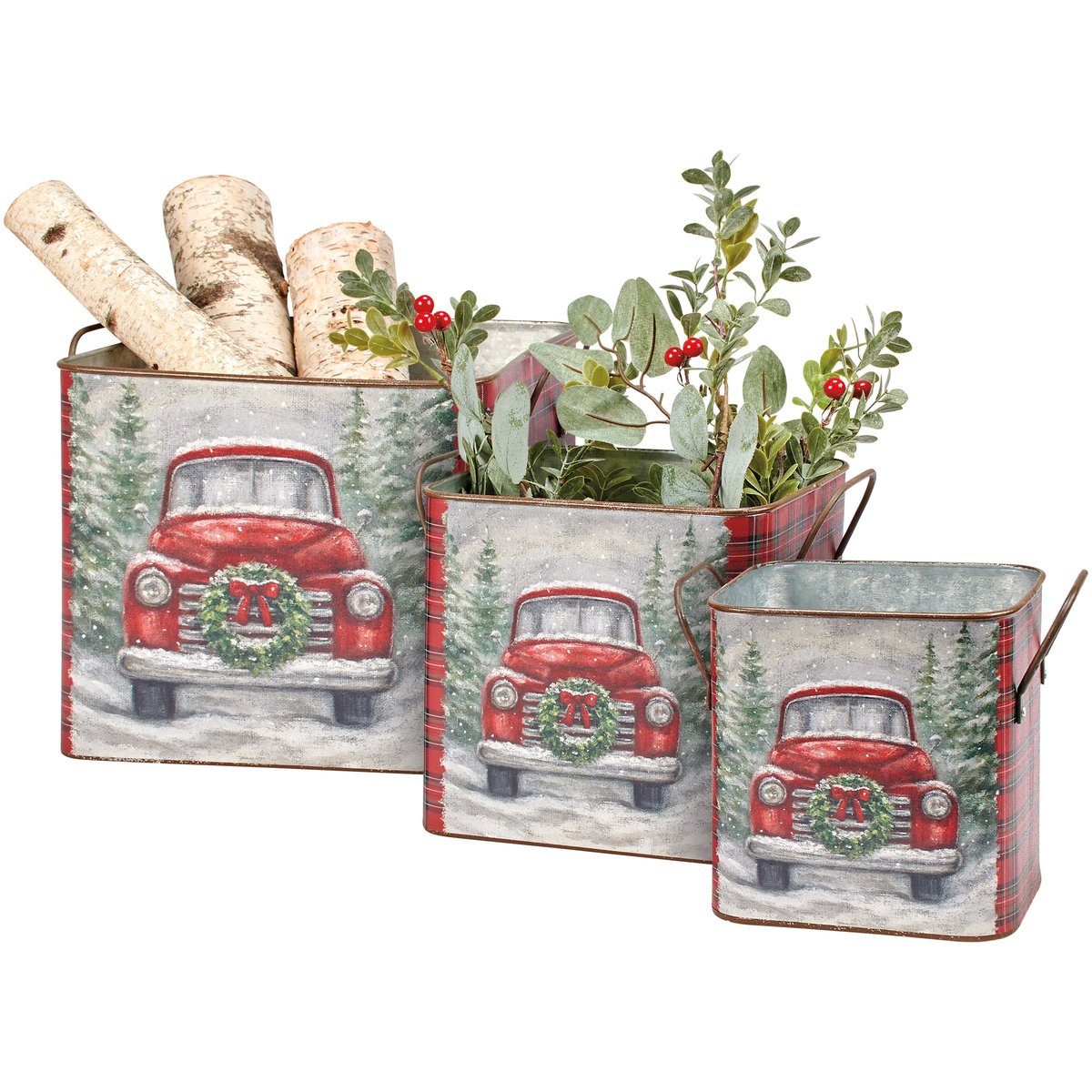 Charming Rustic Red Truck Christmas Galvanized Metal Nesting Bin Set (Set of 3)