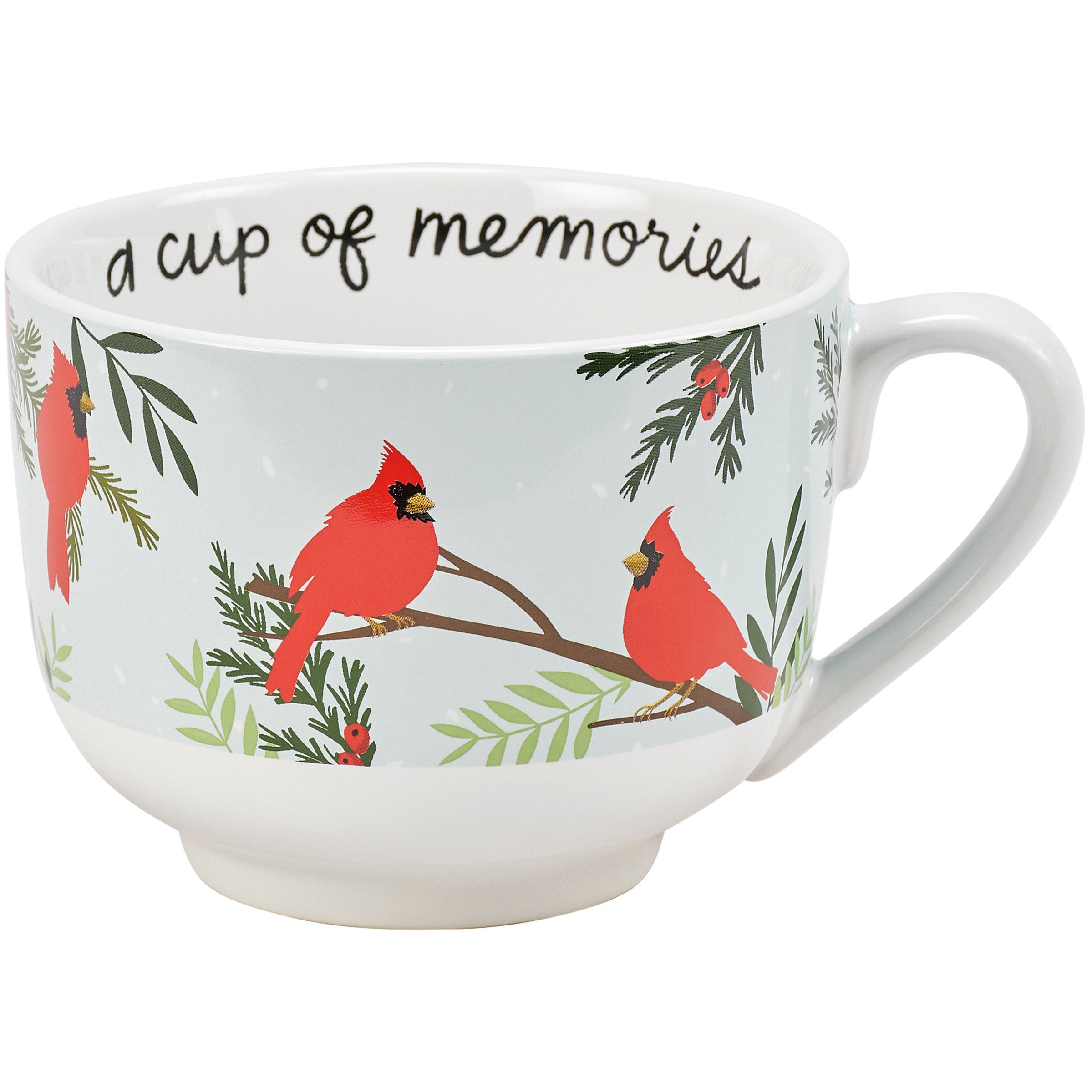 Charming Cardinals Stoneware Mug: 'Cup of Memories' 20 oz Christmas Drinkware