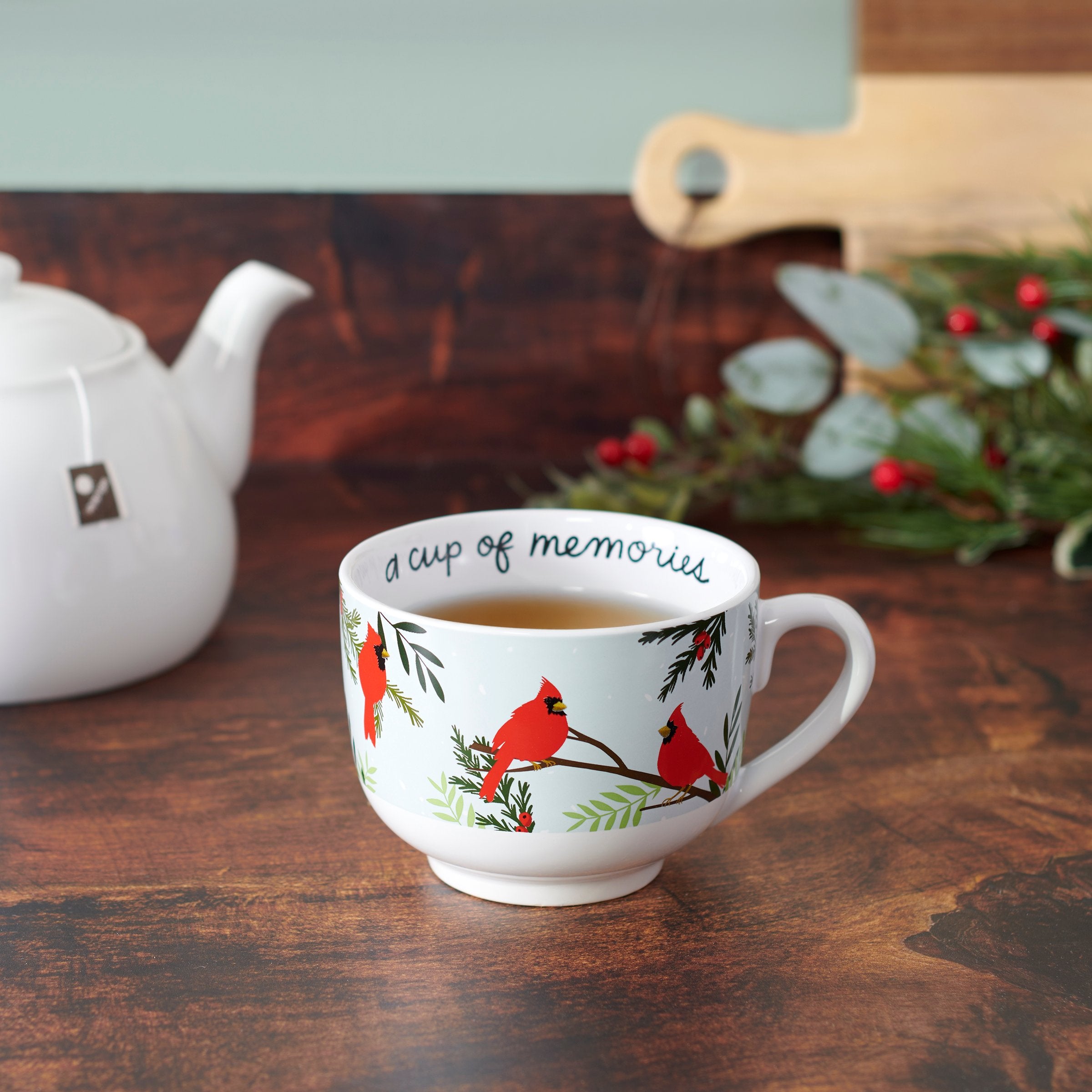 Charming Cardinals Stoneware Mug: 'Cup of Memories' 20 oz Christmas Drinkware