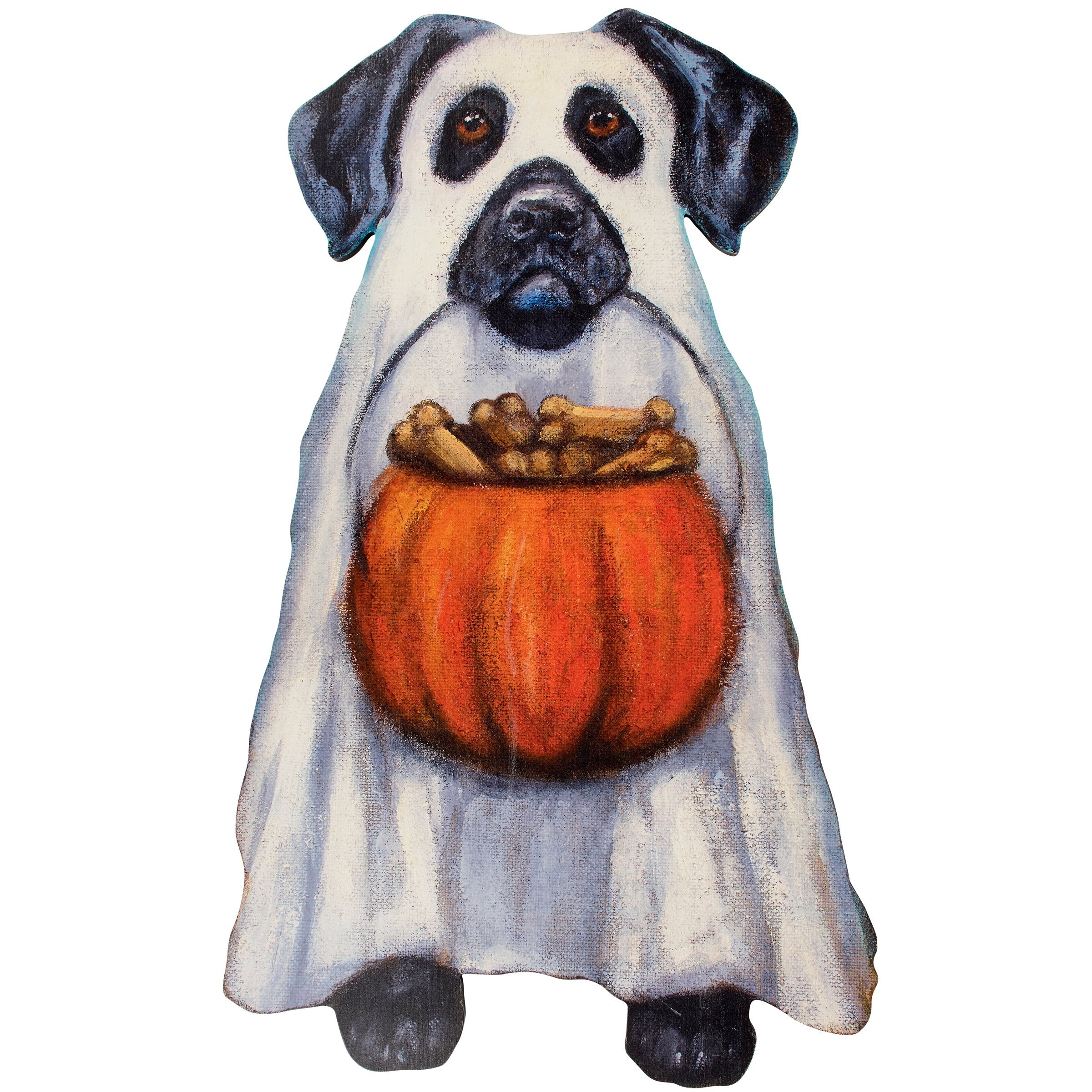 Spooky Ghost Dog Wooden Porch Leaner - Rustic Halloween Pet Decor for Home