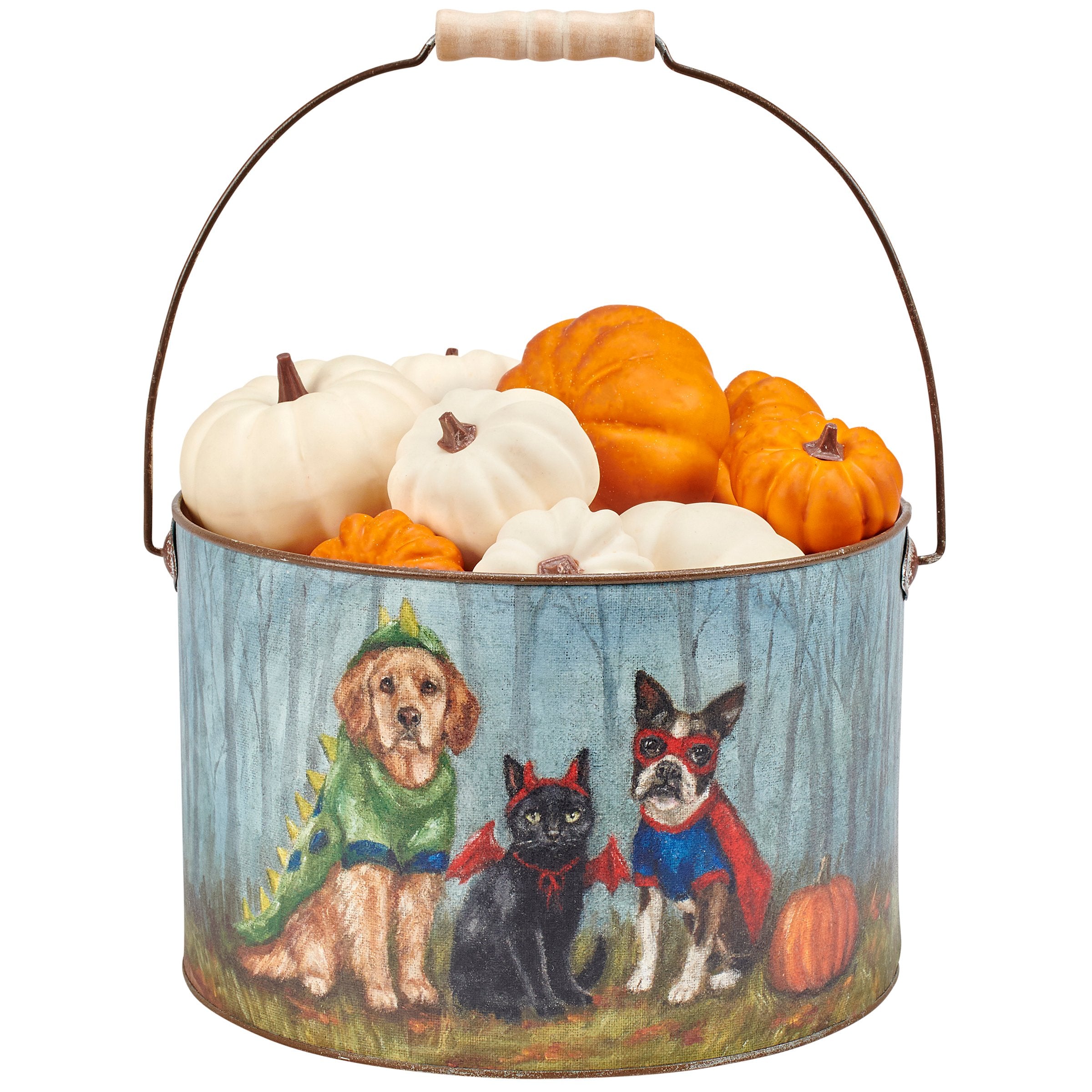 Charming Halloween Pet Family Galvanized Metal Bucket - Unique Burlap Art Decor