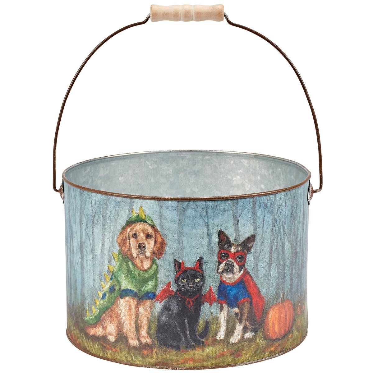 Charming Halloween Pet Family Galvanized Metal Bucket - Unique Burlap Art Decor