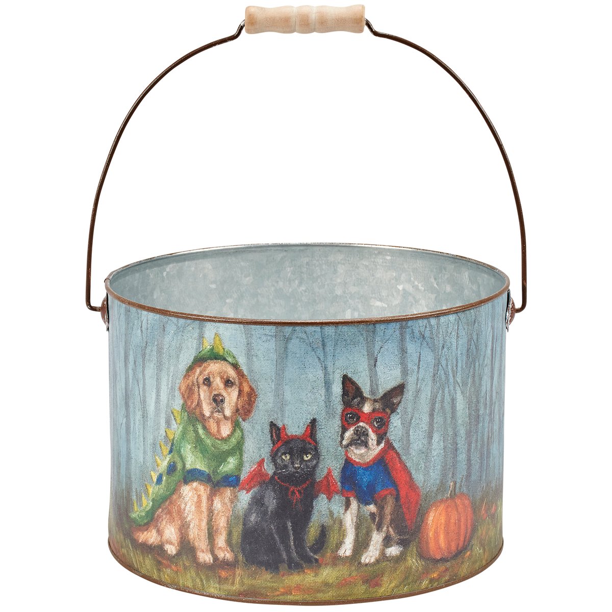 Charming Halloween Pet Family Galvanized Metal Bucket - Unique Burlap Art Decor