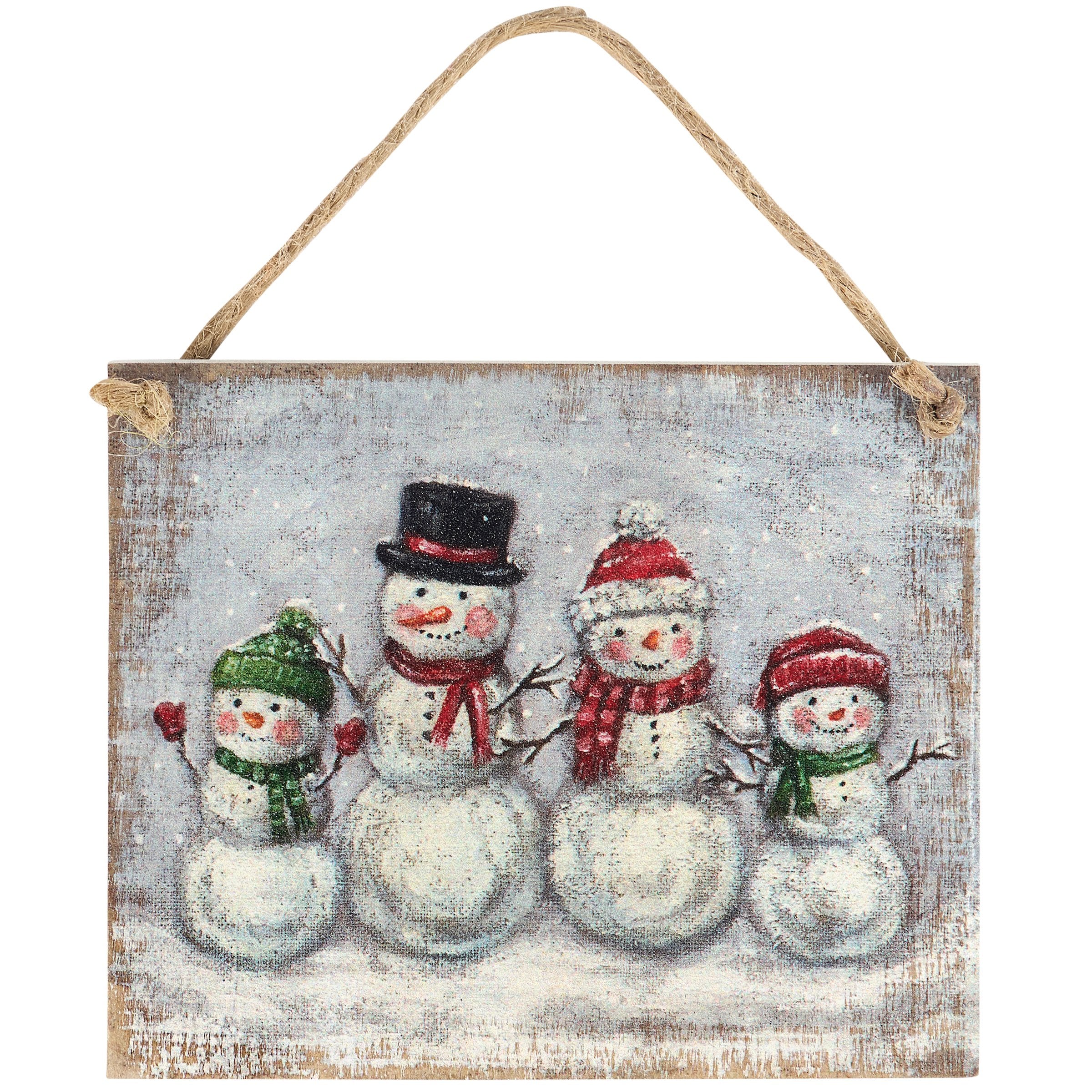 Rustic Wooden Snow Family Christmas Ornament with Jute Hanger