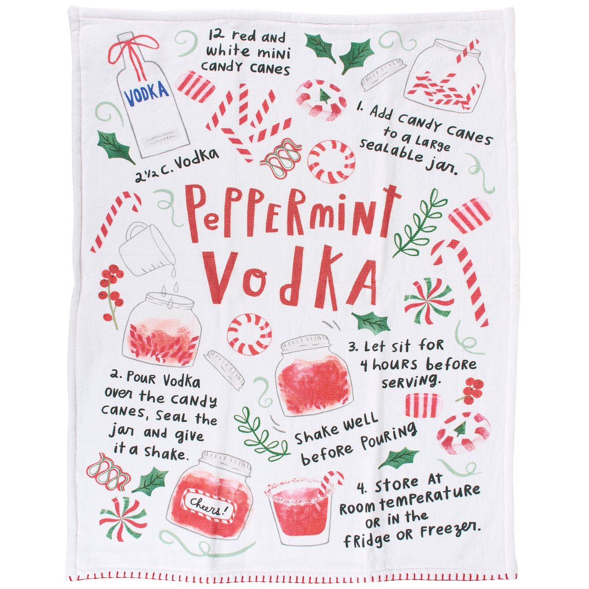 Festive Peppermint Vodka Recipe Cotton Kitchen Towel - Absorbent Holiday Design