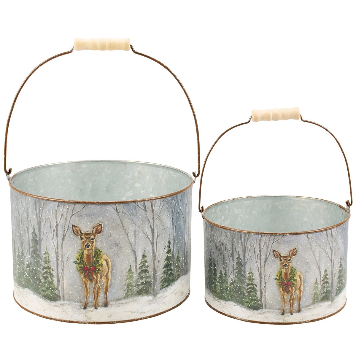Charming Snowy Deer Double-Sided Christmas Decor Bucket Set with Wooden Handles